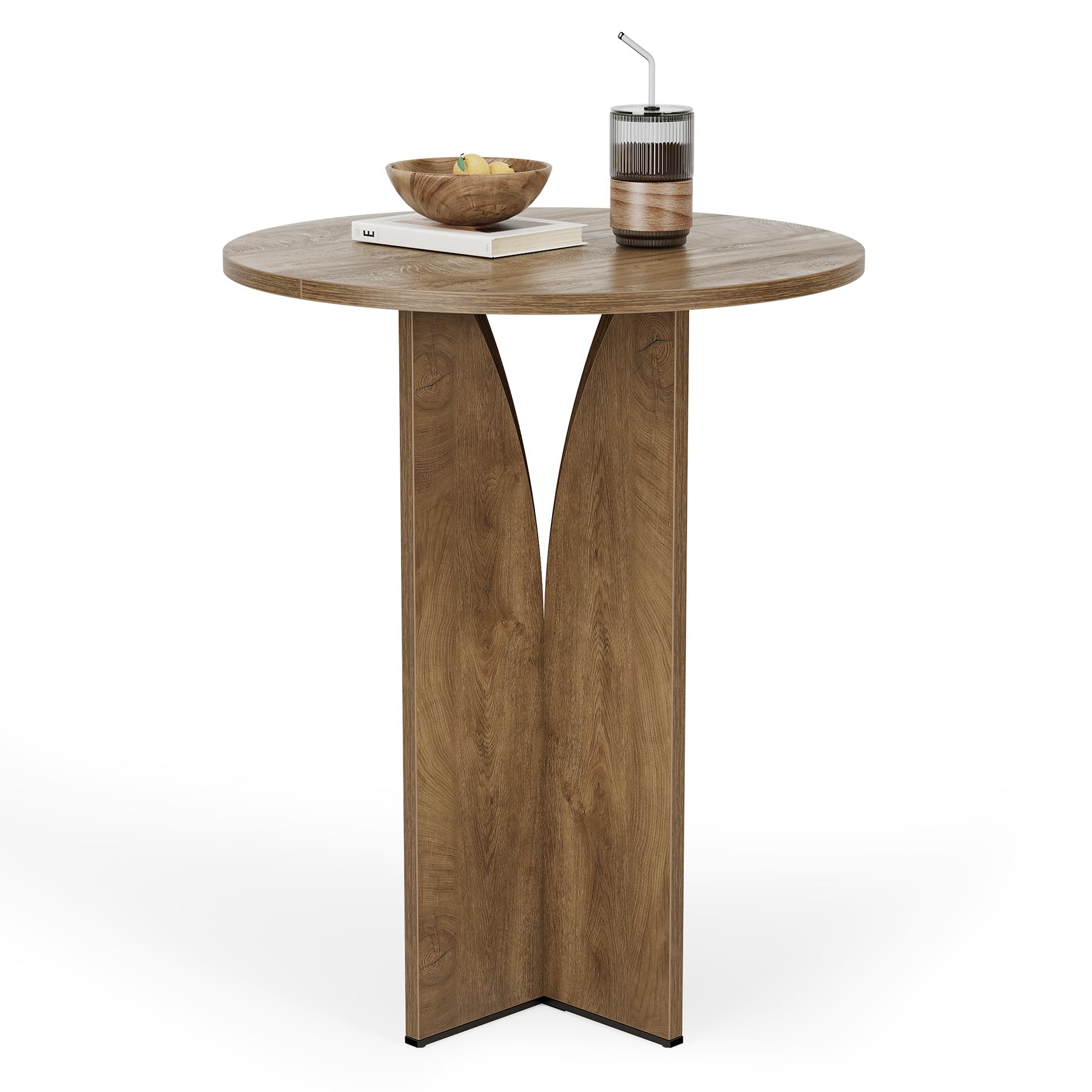 LITTLE TREE Round Bar Table, 31.5 Inches Counter Height Cocktail Table, Wooden High Top Home Bar Unit for Pub, Bistro, Home, Kitchen, Dining Room, Small Space, Brown