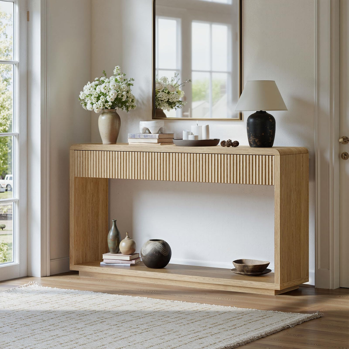 Evermagin 59'' Oak Console Table with Drawers, Sofa Table with Storage