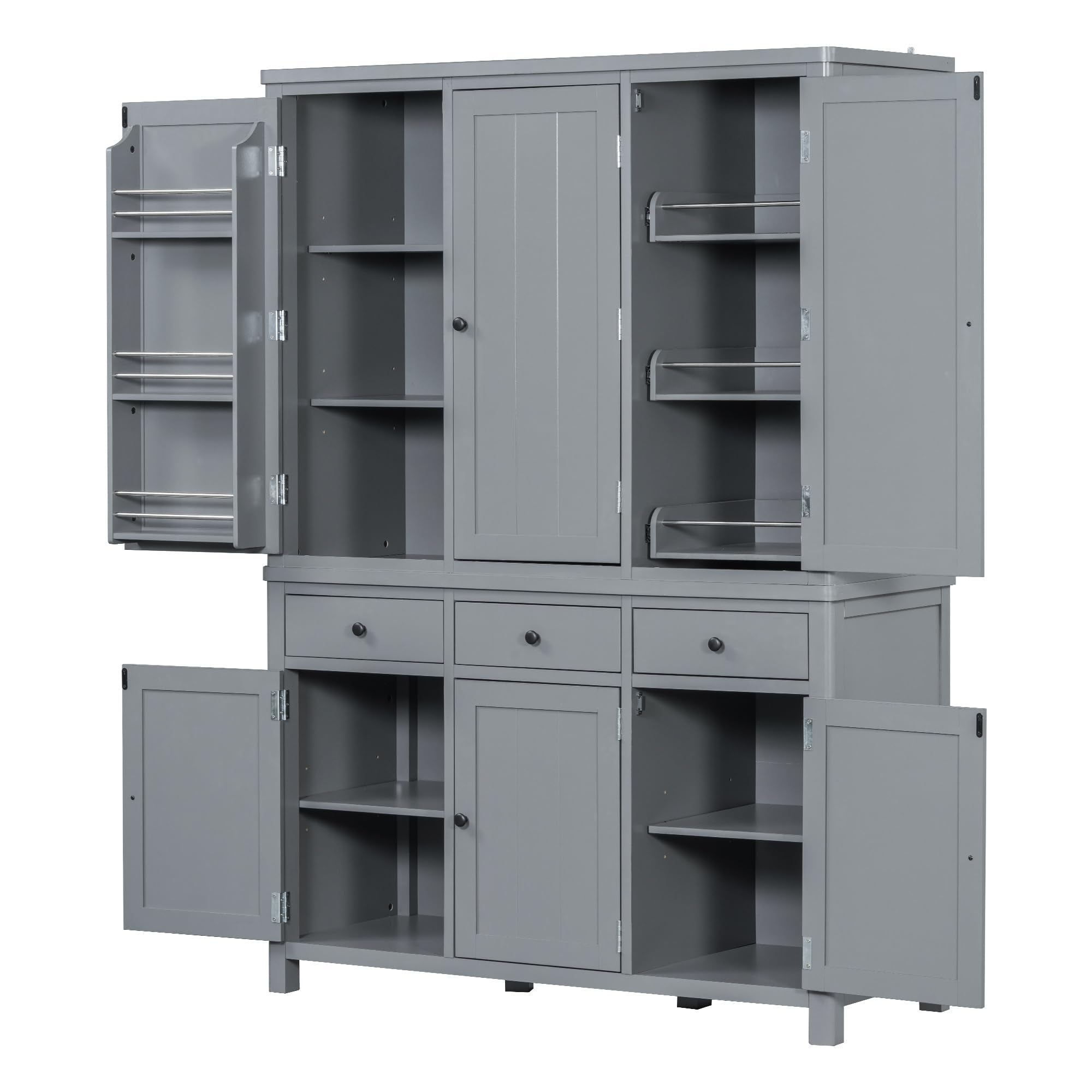 Merax 74.8'' Tall Kitchen Pantry Storage Cabinet with 6 Doors, 3 Drawers and Adjustable Shelves, Freestanding Large Cupboard & Pull-Out Trays for Kitchen, Dining Room, Living Room, Gray