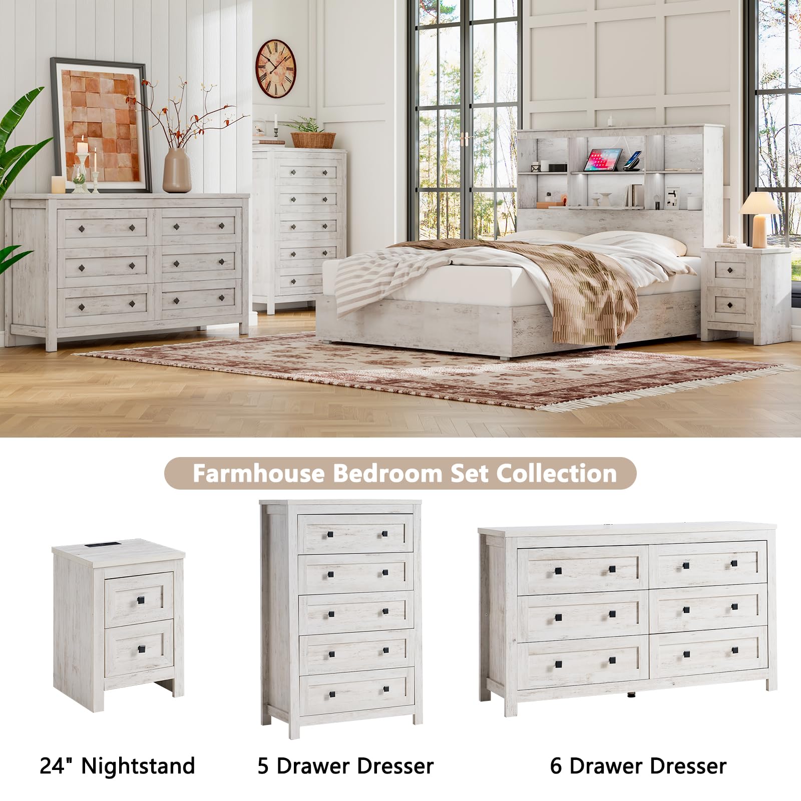 LUXOAK Nightstand Set of 2 with Charging Station, Farmhouse Night Stand with 2 Drawers Storage Cabinet, Rustic Wood Sofa Side Table for Bedroom, Office, Rustic White
