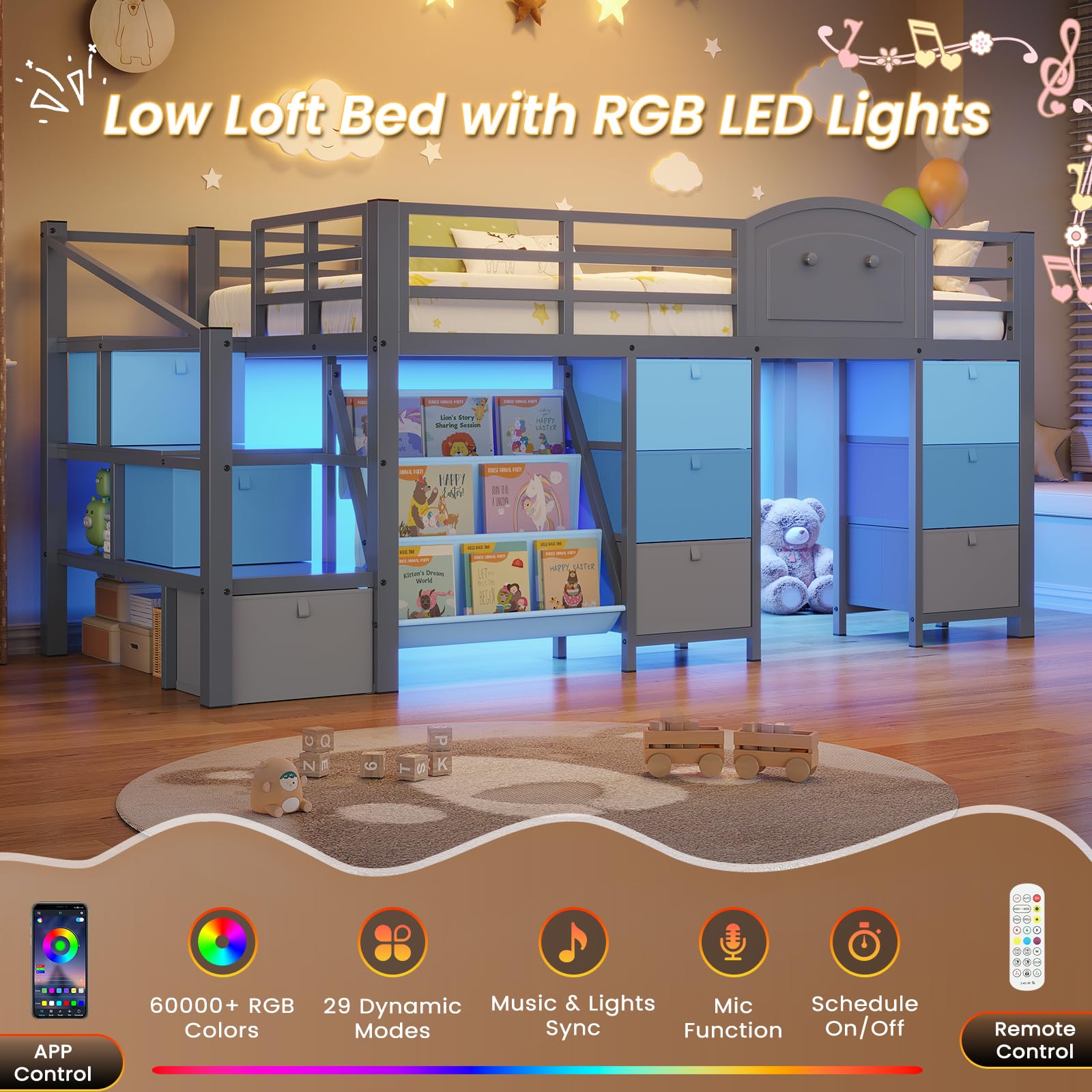 Kids Low Loft Bed Twin with Storage Drawers, LED Lights & Playhouse
