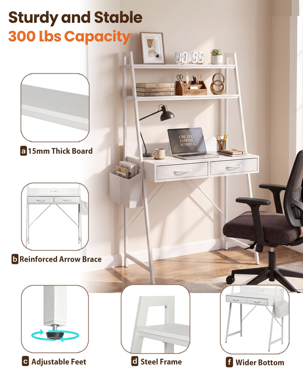 Home Office Desk with Storage and Drawer, Computer Desk with 2-Tier Shelves