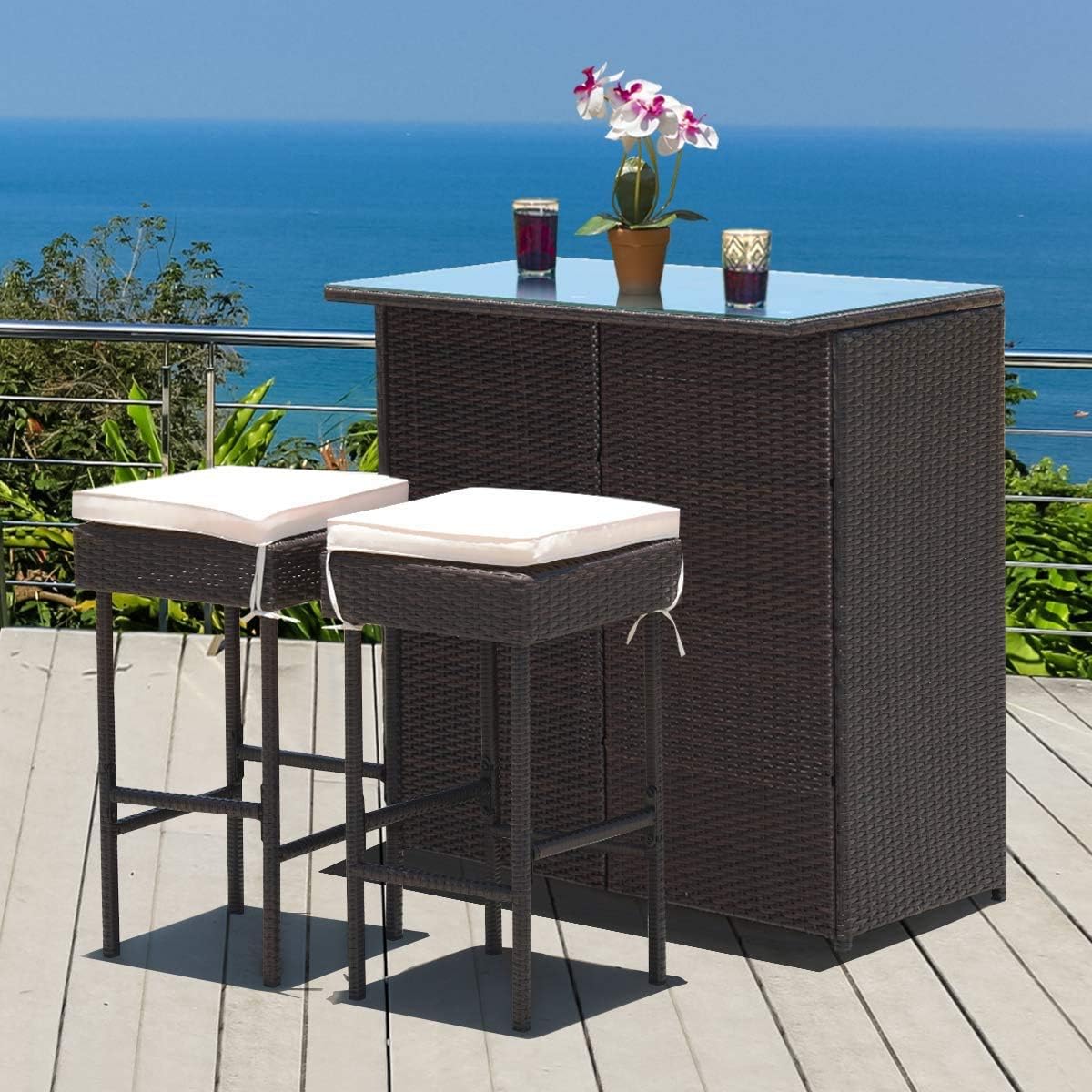 HAPPYGRILL 3-Piece Patio Bar Set Rattan Wicker Bar Stools & Table with Cushions, Storage Shelves, Glass Table Top, for Poolside Garden Balcony Deck Porch