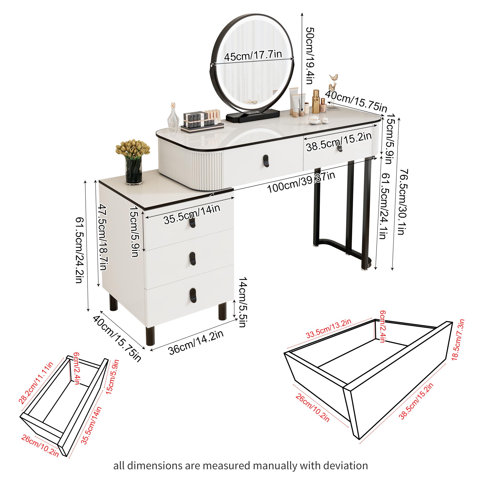 KDCAS Small Makeup Vanity Desk with Mirror and LED Lights | Modern Fluted Vanity Table with Drawers and Reversible Adjustable Side Cabinet (39.37"–51.2") | Space-Saving White Vanity Desk for Bedroom