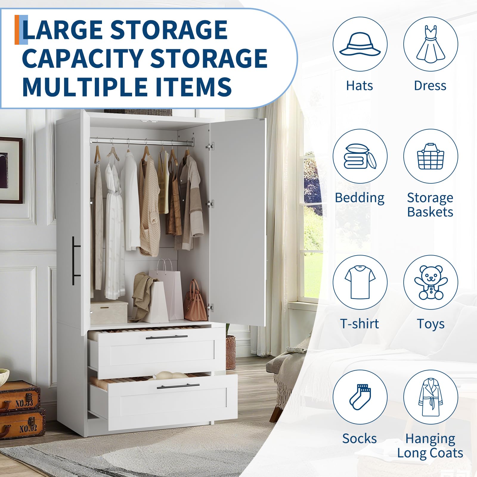 2-Door Wardrobe Armoire with Drawers & Hanging Rod