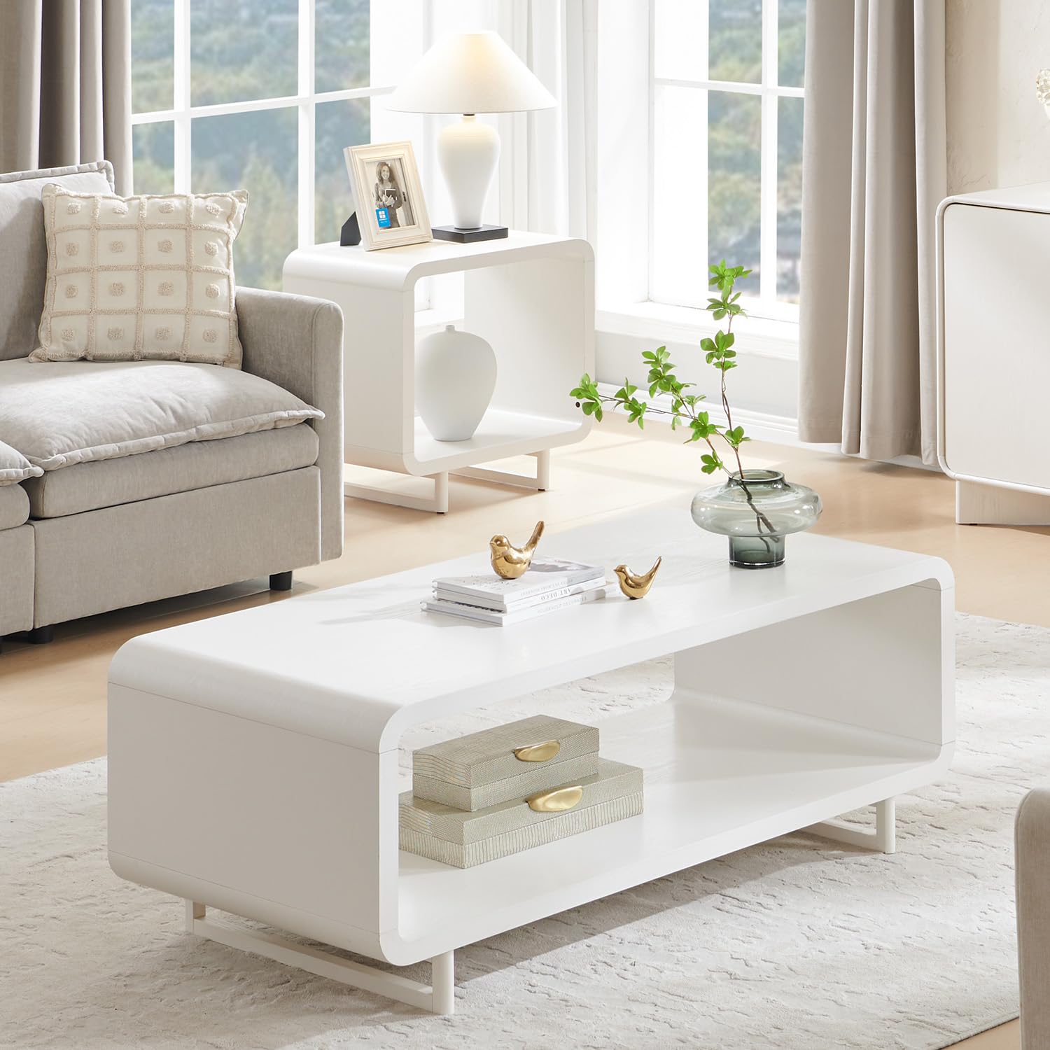 IFGET 48" Modern Coffee Table, 2-Tier Minimalist Center Table with Storage Shelf, Curved Profile Design, Wooden Rectangular Living Room Table w/Wood Thick Design for Living Room, Office, White