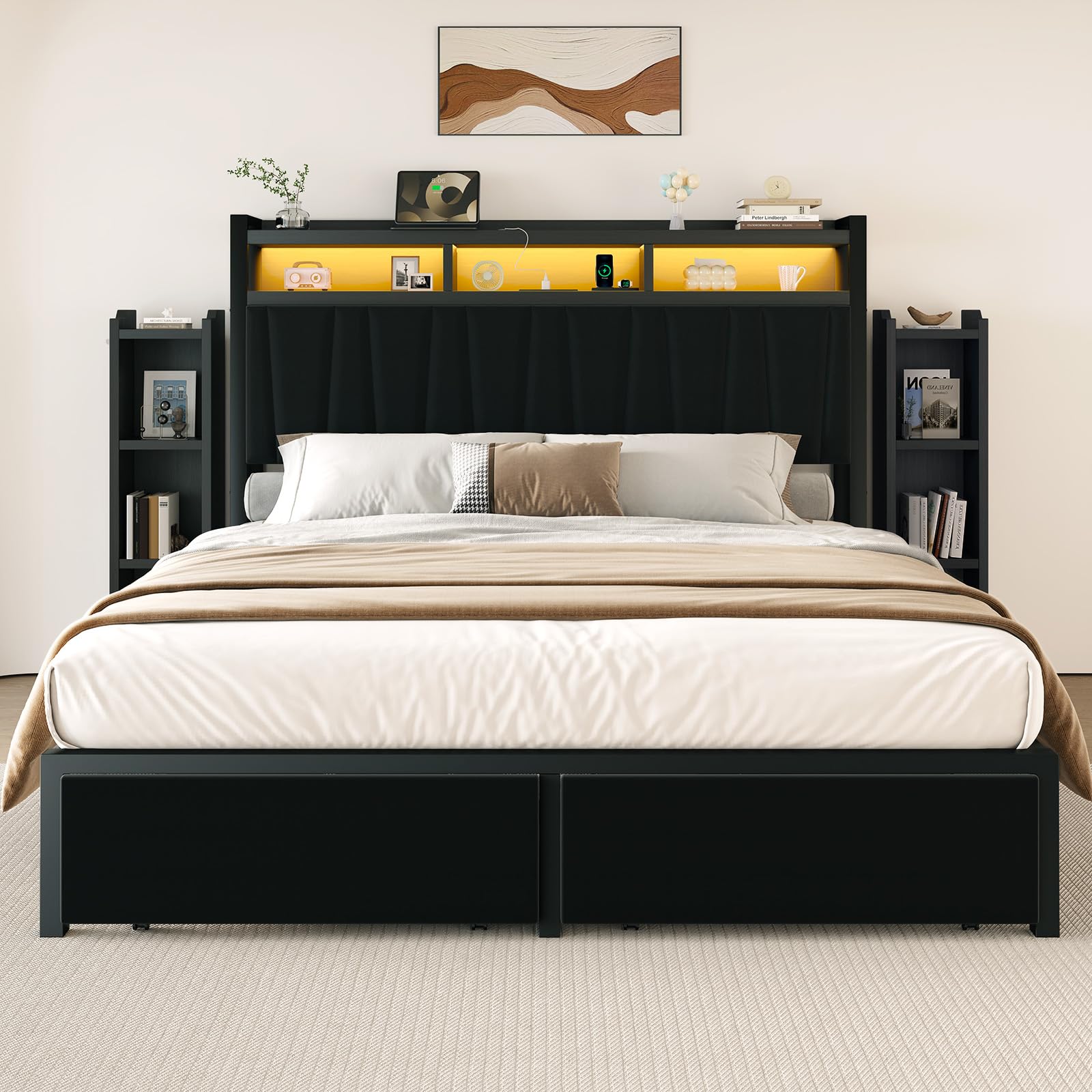 LED Platform Bed Frame with Storage Headboard & Charging Station