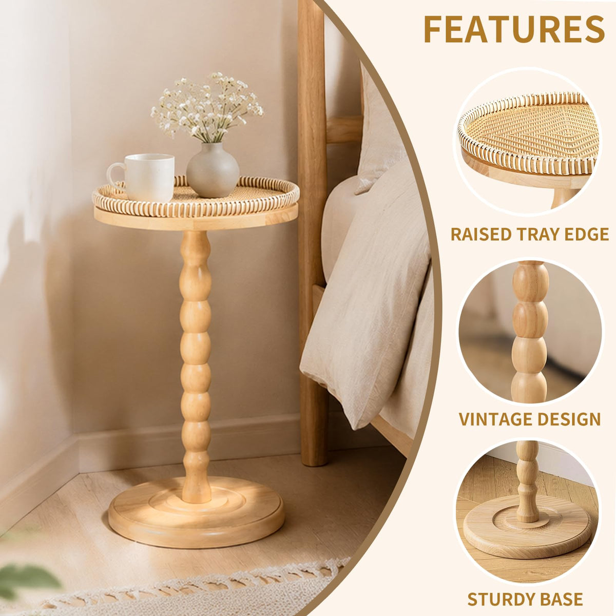 2 Pack Rattan Round Side Table, Rubberwood‌ Drink Table for Small Spaces