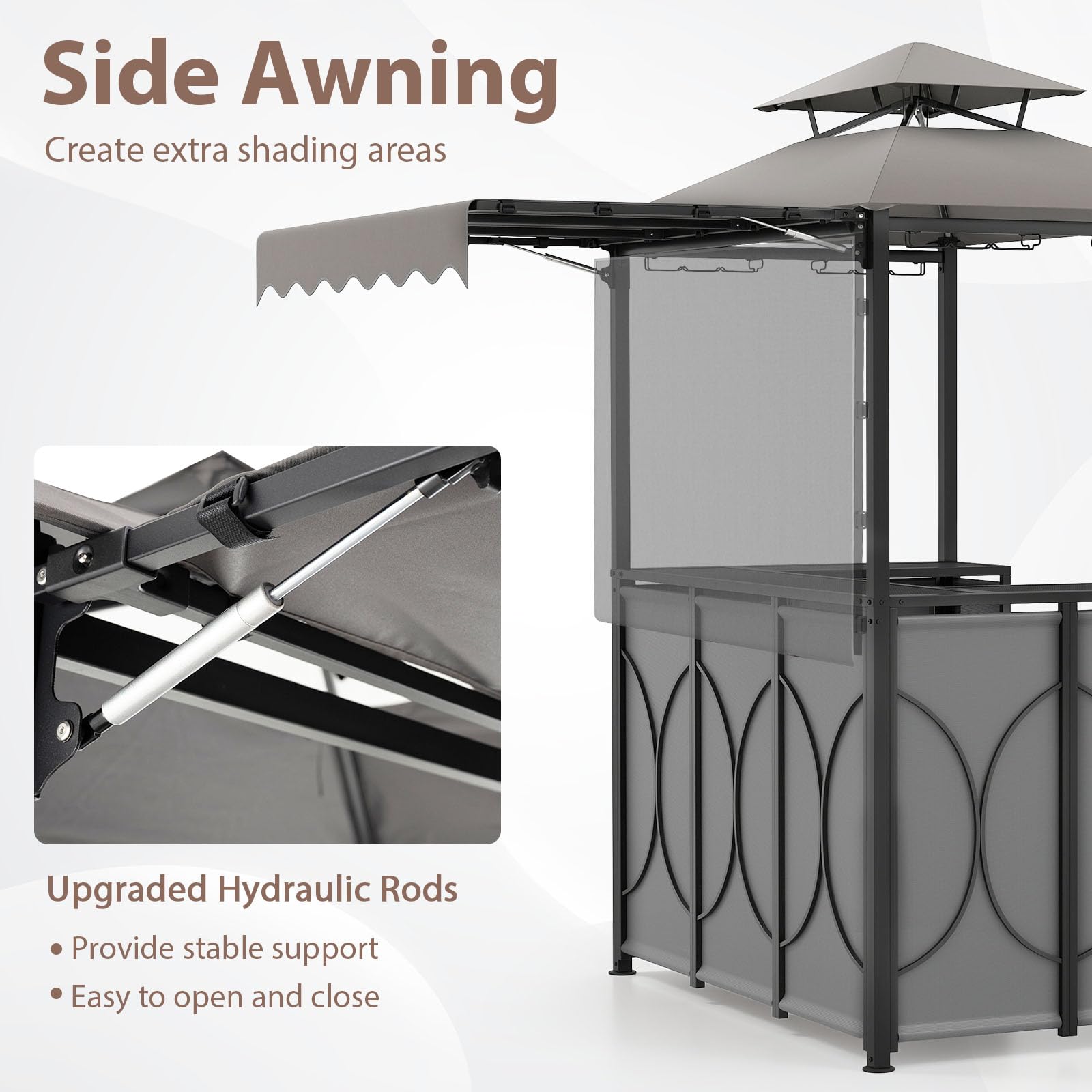 Tangkula 3 Piece Patio Bar Set, Grill Gazebo & 2 Foldable Bar Stools with Awning, Metal Storage Shelves, Glass Holders, Double-Tier Outdoor Shelter for Patio Poolside Garden Backyard (Gray)