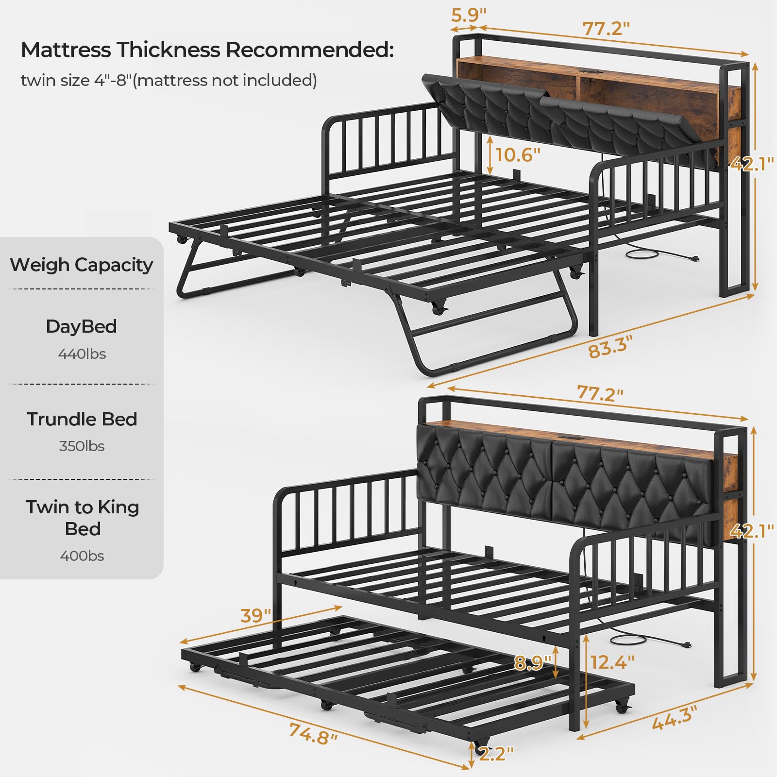 ADORNEVE Daybed with Trundle, Twin to King Daybed with Charging Station & LED Lights, Metal Trundle Bed Twin with Hidden Storage Headboard, Upholstered Sofa Day Bed for Living Room, Bedroom, Black