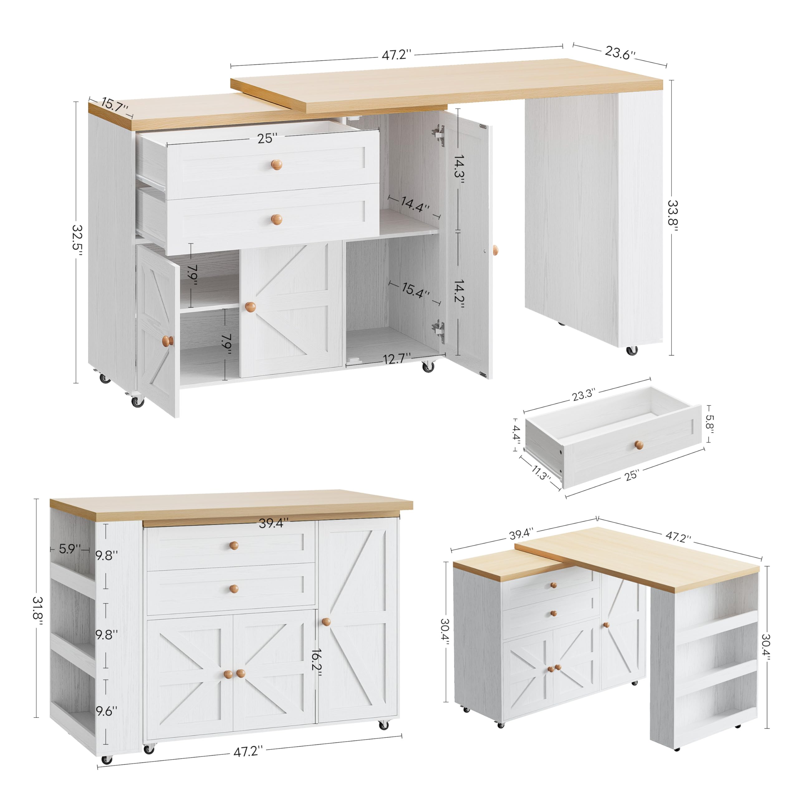 Rolling Kitchen Island Cart with Storage & Swivel Table