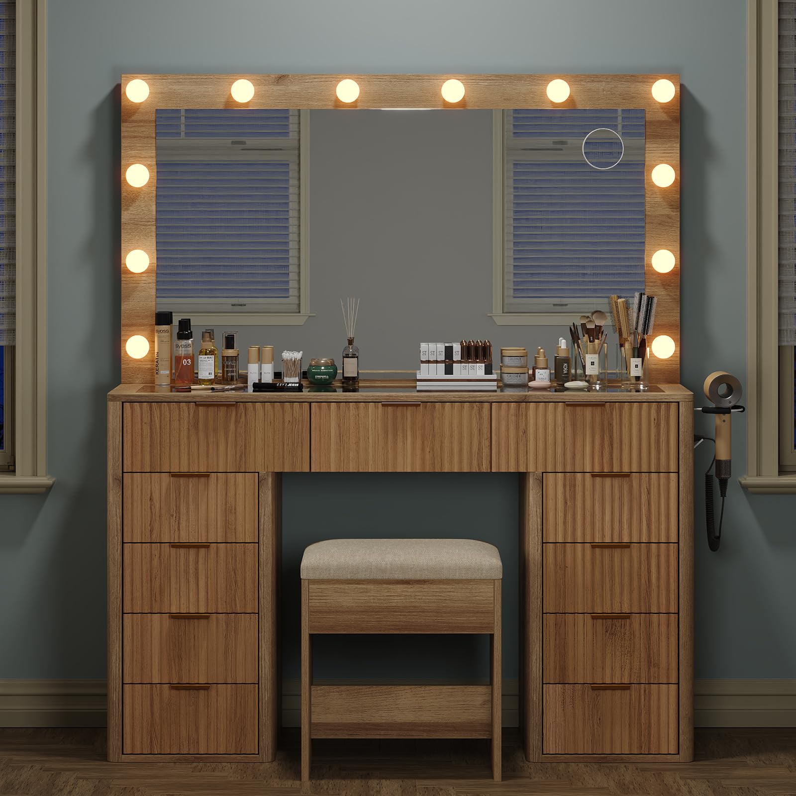 Cozynome 47" Vanity Desk with 3-Color LED Mirror & 11 Drawers, Fluted Makeup Vanity with Glass Top, Charging Station (2 Outlets, 2 USB), Includes Vanity Stool, for Bedroom, Natural