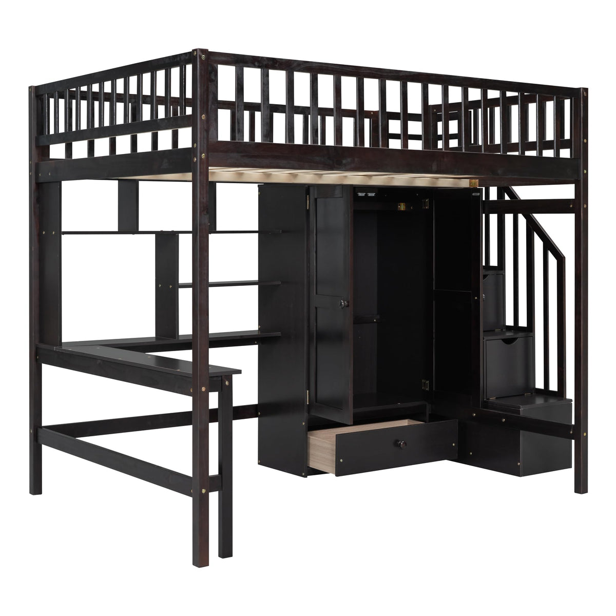 Full Size Loft Beds Stairway Loft Bed Frame with Wardrobe, Desk, Bookcase and Drawers, Espresso