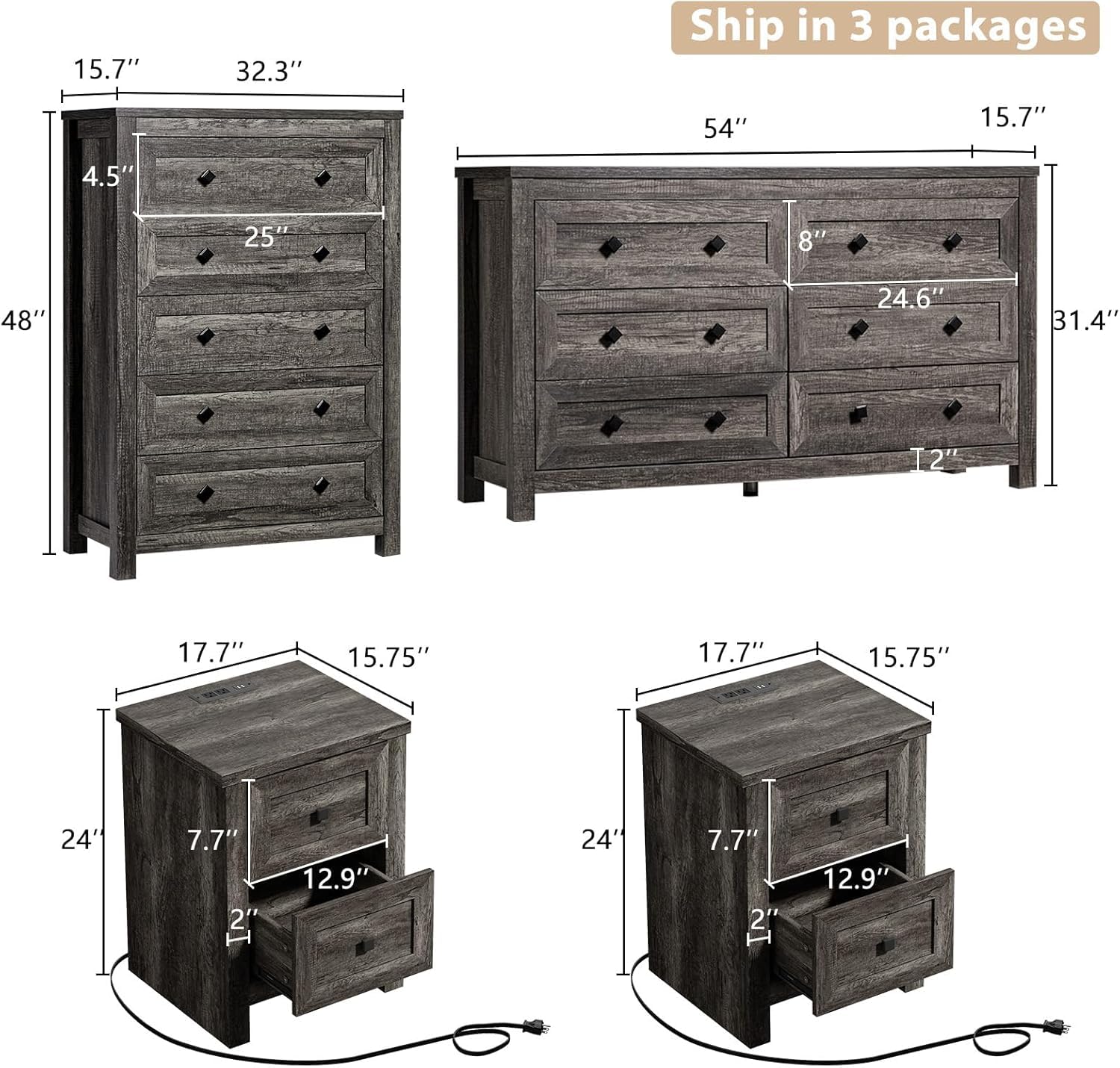 LUXOAK 4 Pieces Farmhouse Bedroom Furniture Set, 1 X 5 Drawer Dresser, 1 X Rustic 6 Drawer Storage Dresser, Nightstand Set of 2 with Charging Station, Farmhouse Bedroom Set, Grey