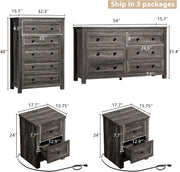 LUXOAK 4 Pieces Farmhouse Bedroom Furniture Set, 1 X 5 Drawer Dresser, 1 X Rustic 6 Drawer Storage Dresser, Nightstand Set of 2 with Charging Station, Farmhouse Bedroom Set, Grey