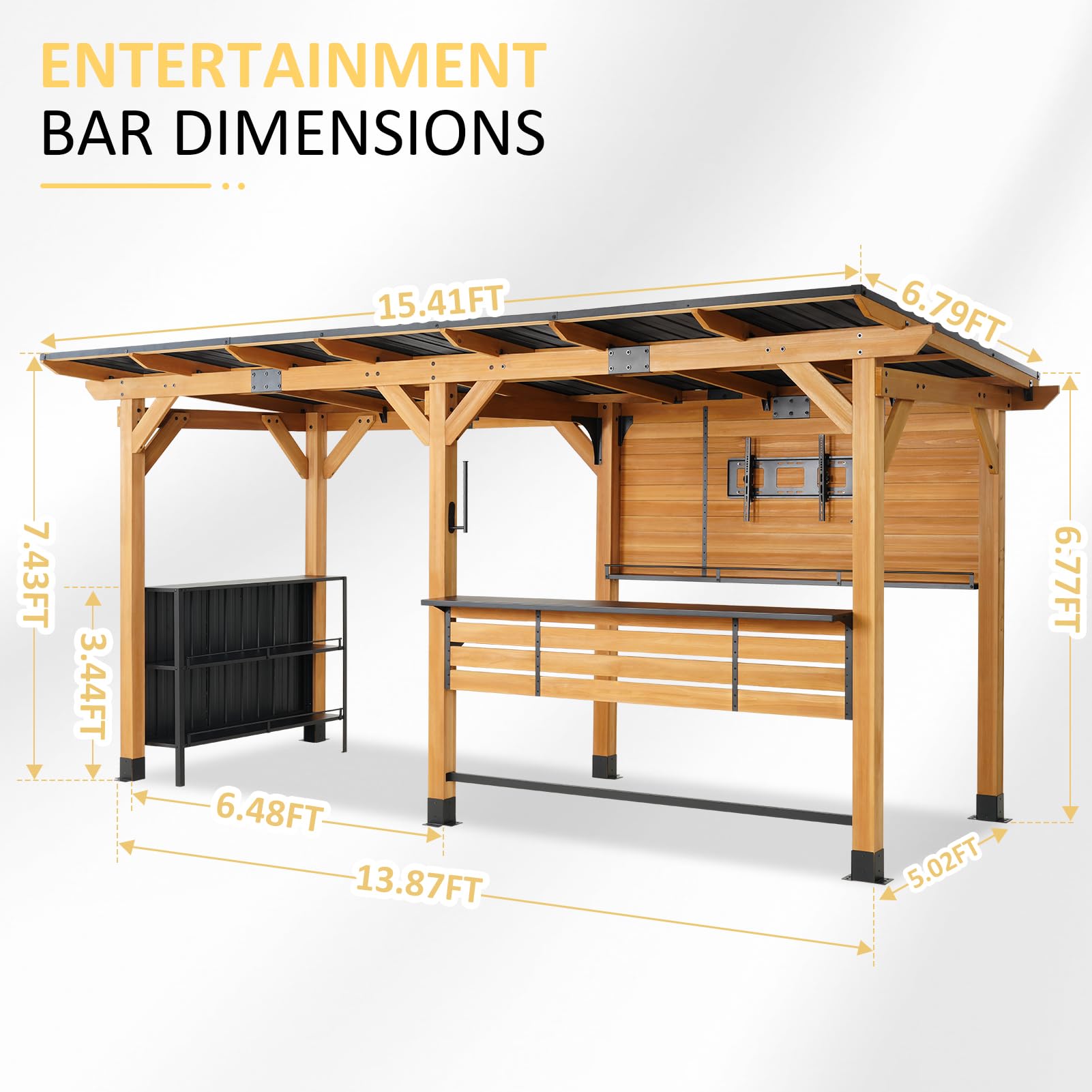 Cedar Wood Entertainment Bar Center - Modern Outdoor Bar Gazebo with Galvanized Steel Roof & TV Support Bracket (Natural Color, 6 * 14)