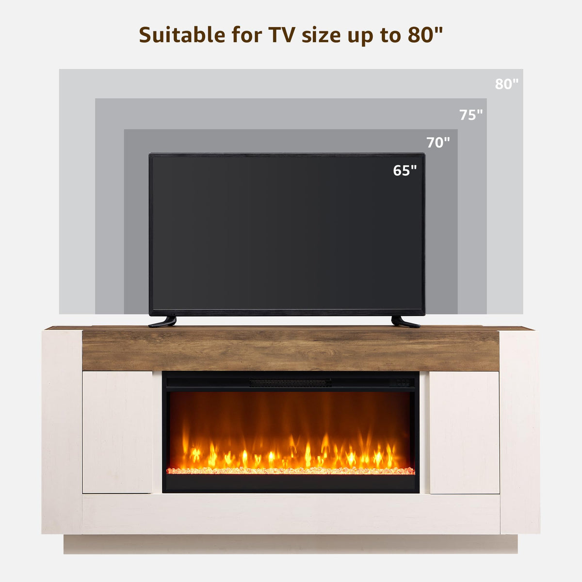 OKD 70" Fireplace TV Stand for 80" TV, Thick Block Media Console, White