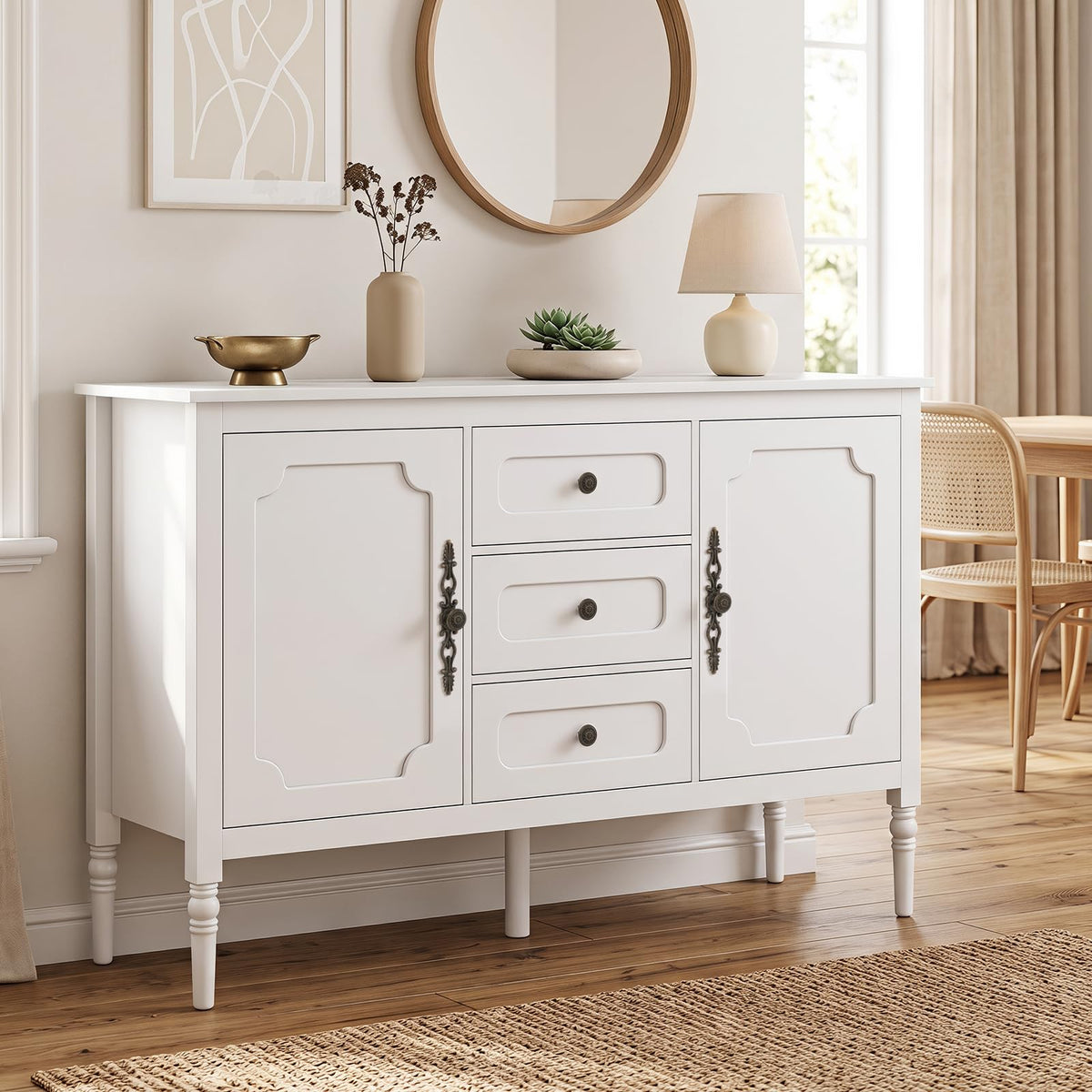 SILKYDRY Buffet Cabinet, 47" Vintage Sideboard w/Adjustable Shelves(White)