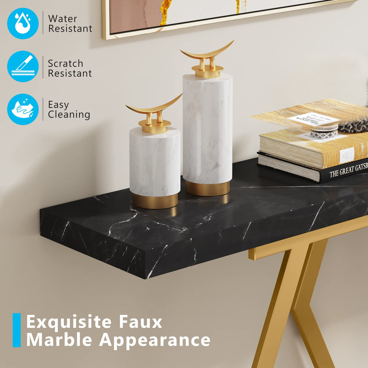 Black and Gold Faux Marble Console Table