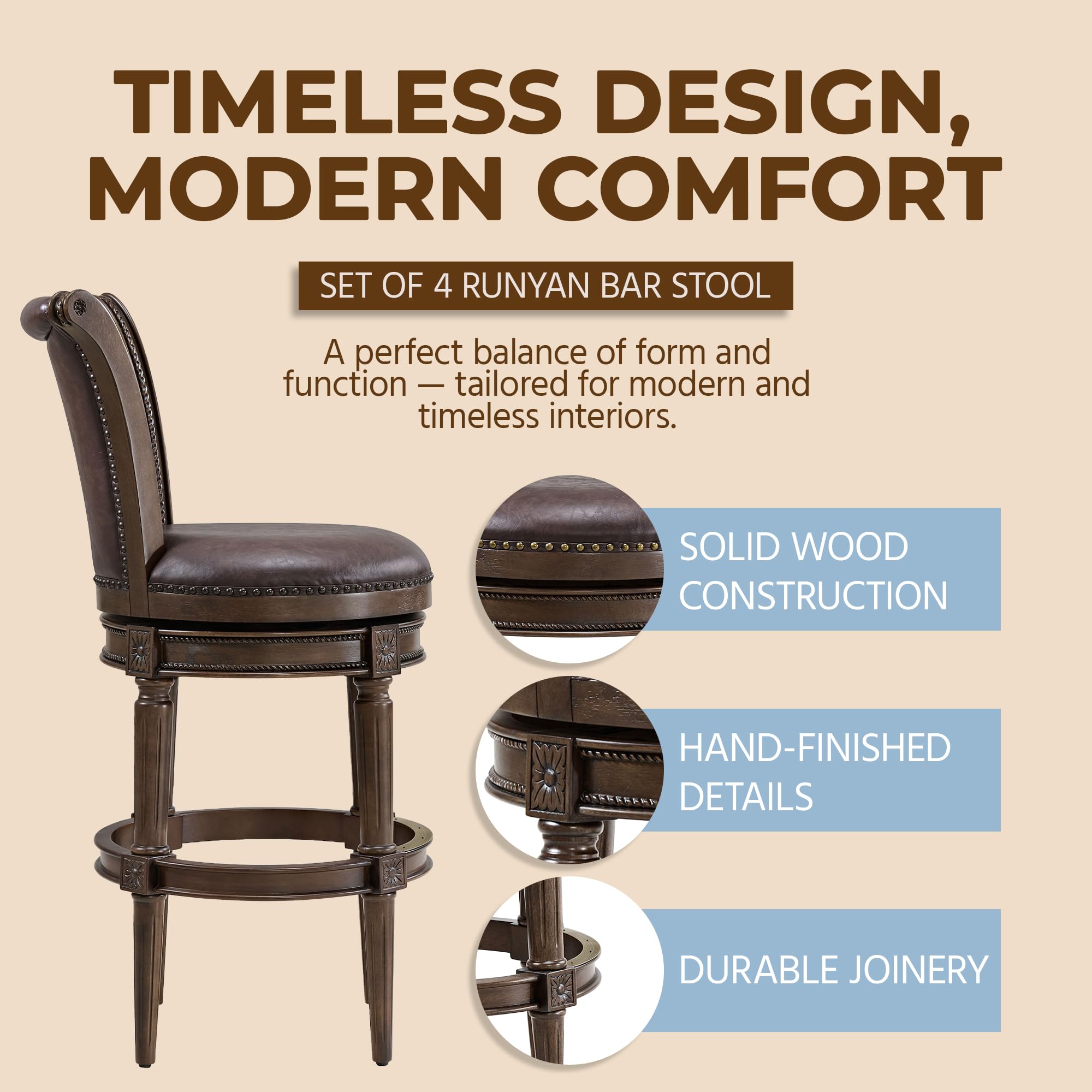 ROME + OAK Set of 4 Runyan 31" Swivel Bar Stool, High Back Barstool in Dark Walnut Finish with Vintage Brown Vegan Leather Seat