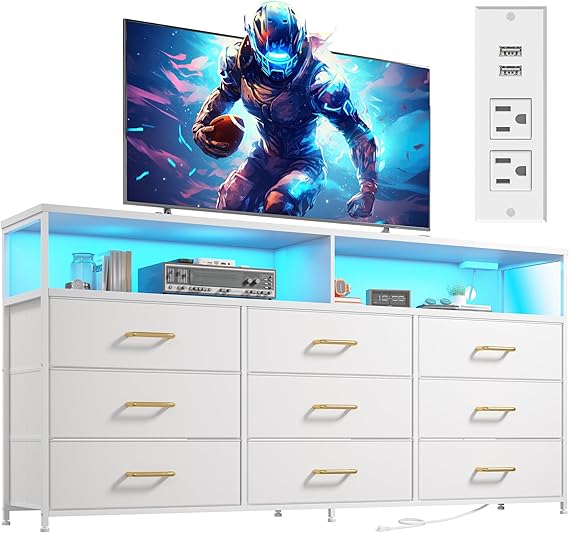 TV Stand Dresser with LED Lights & Charging Station