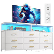 55" TV Stand Dresser with 9 Fabric Drawers, Charging Station & LED Lights