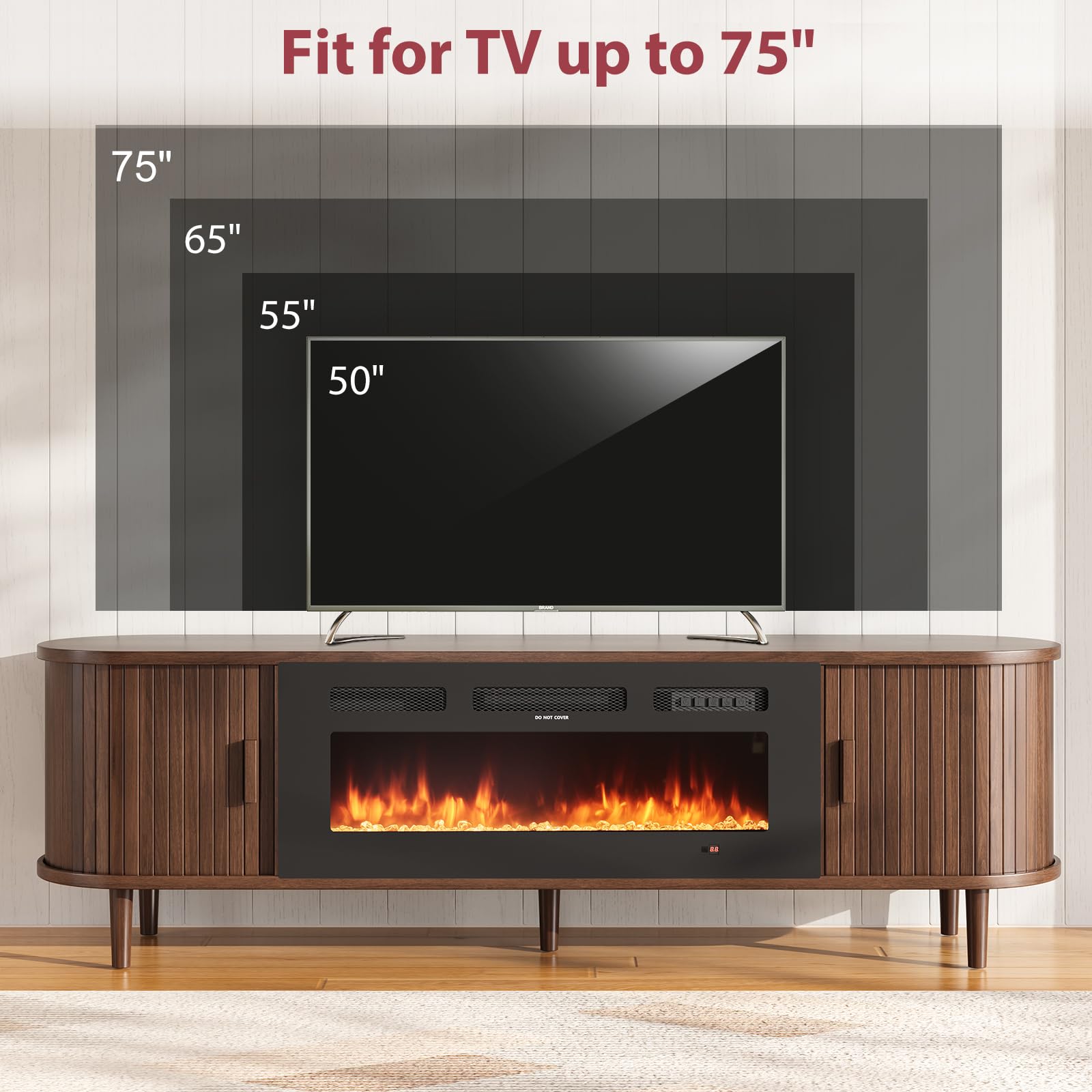 70" Fluted Fireplace TV Stand with Sliding Doors & Solid Wood Legs