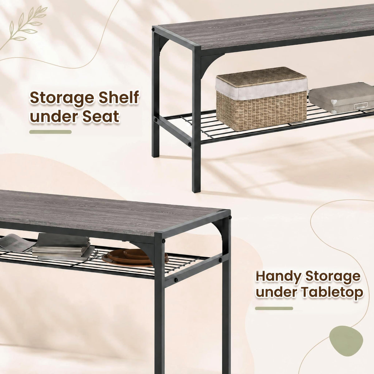 COSTWAY Dining Table Set for 4 with Bench & 2 Chairs, Storage Racks, Grey