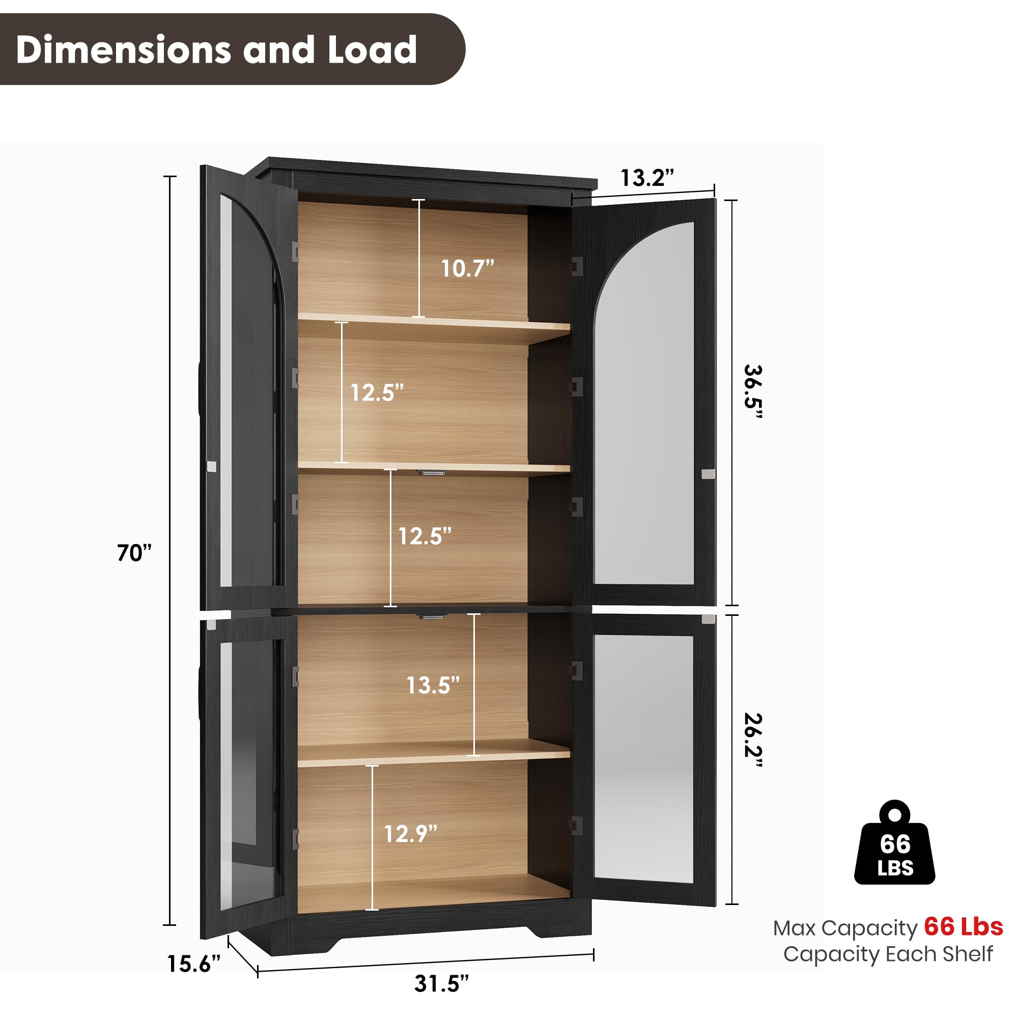 Garvee 70" Tall Kitchen Pantry Cabinet - Modern Display Cabinet with 4 Arched Glass Doors and Adjustable Shelves, Versatile Cupboard Organizers for Kitchen, Dining Room, Living Room, Bathroom, Black