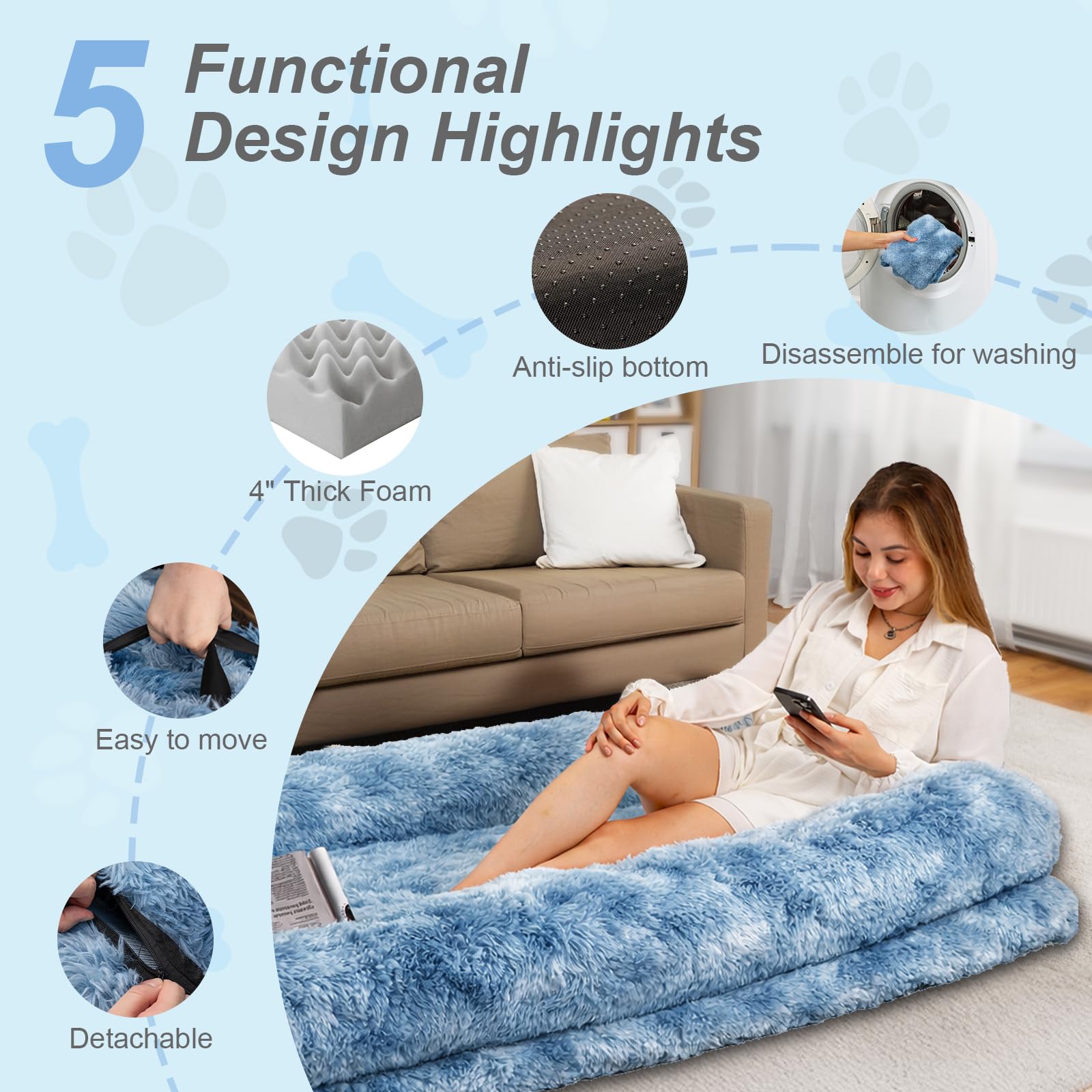 XL Orthopedic Human Dog Bed – Faux Fur, Washable Cover