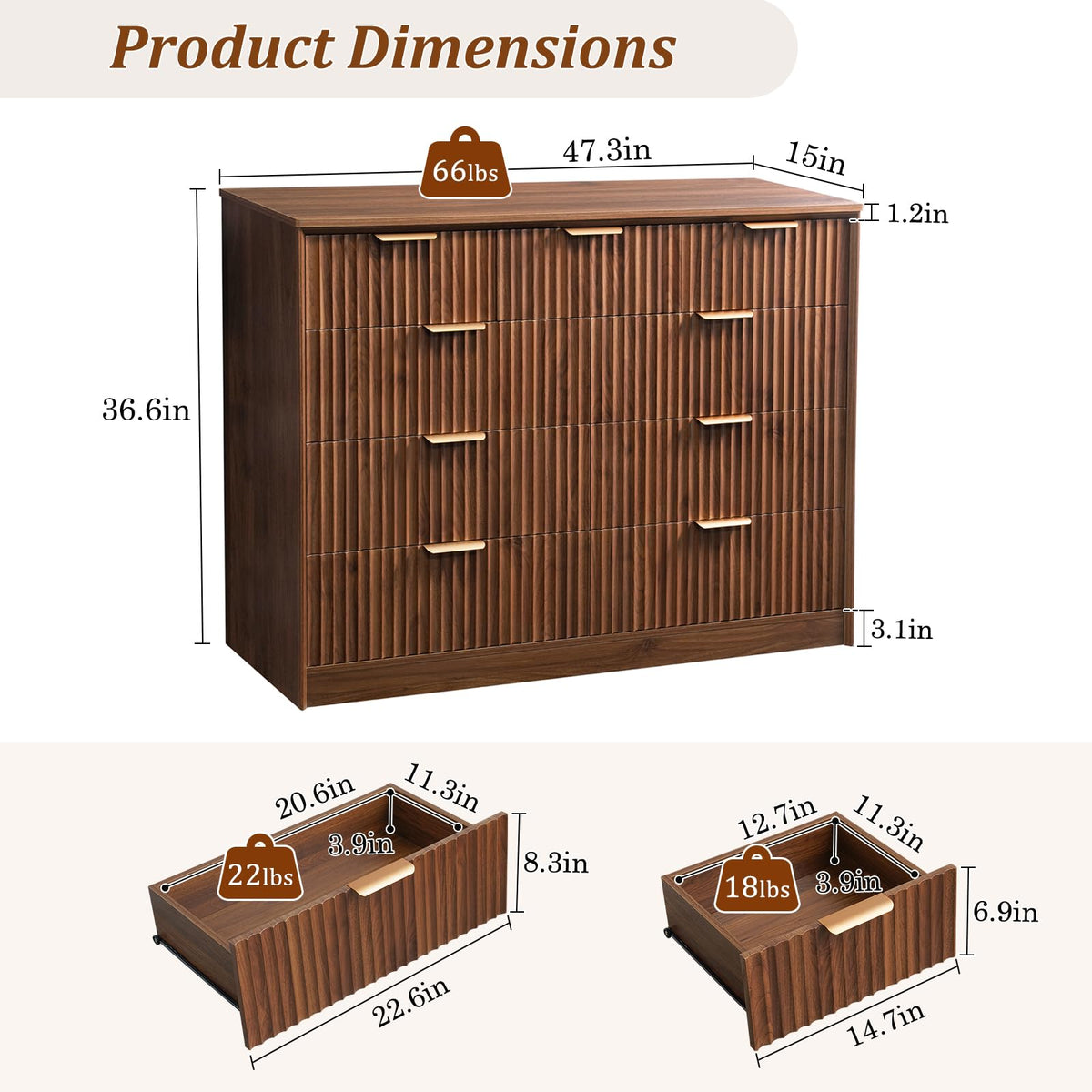 LYNCOHOME Fluted Tall Dresser for Bedroom, 9 Drawer Chest of Drawers,Walnut