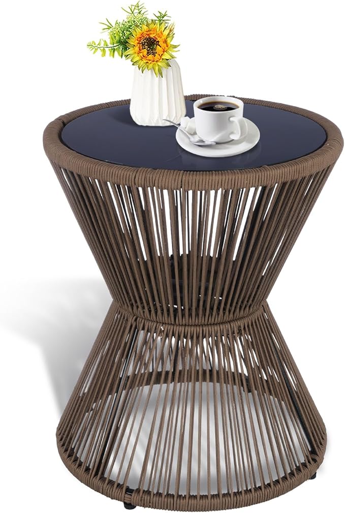 Woven Rope Outdoor Side Table with Glass Top