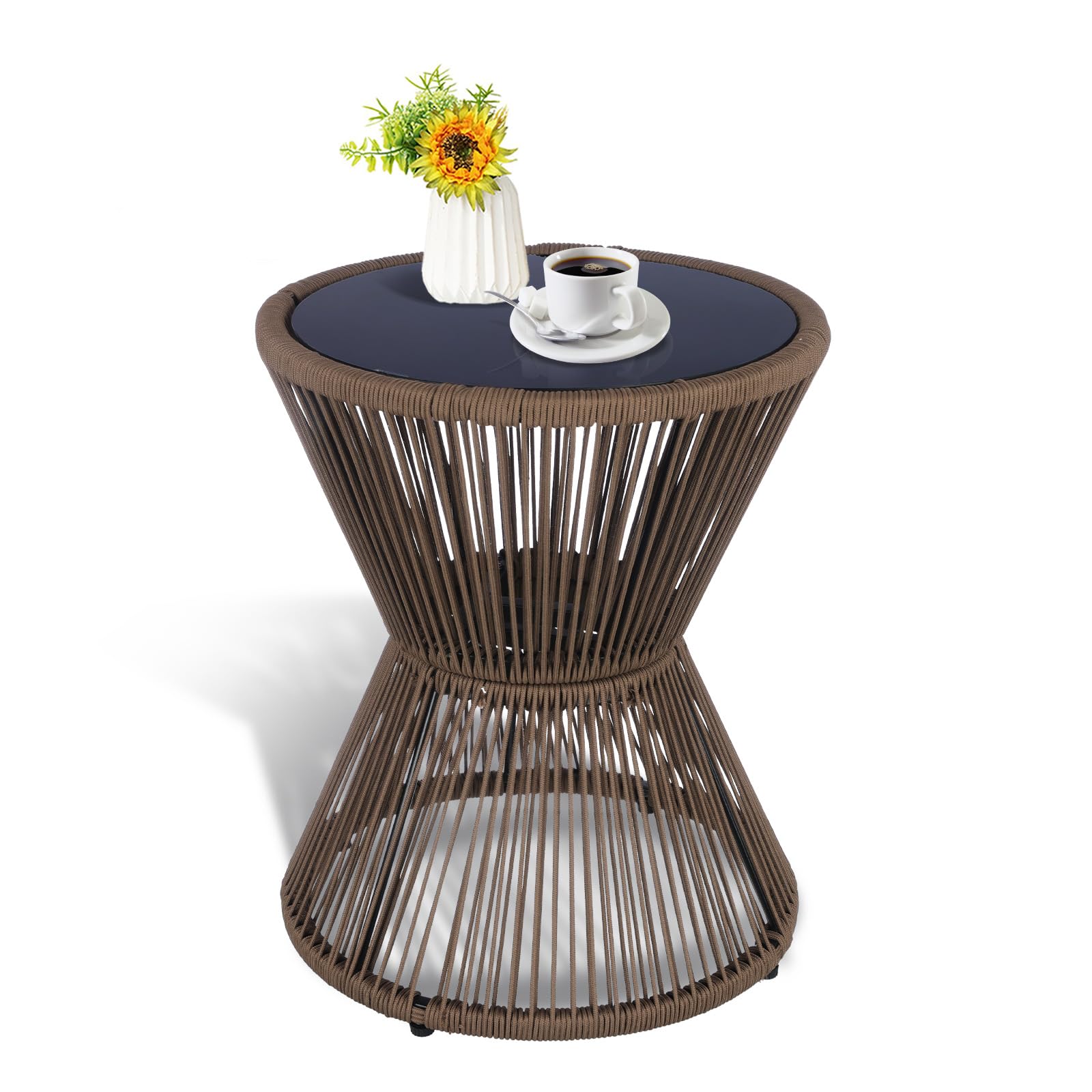 Woven Rope Outdoor Side Table with Glass Top