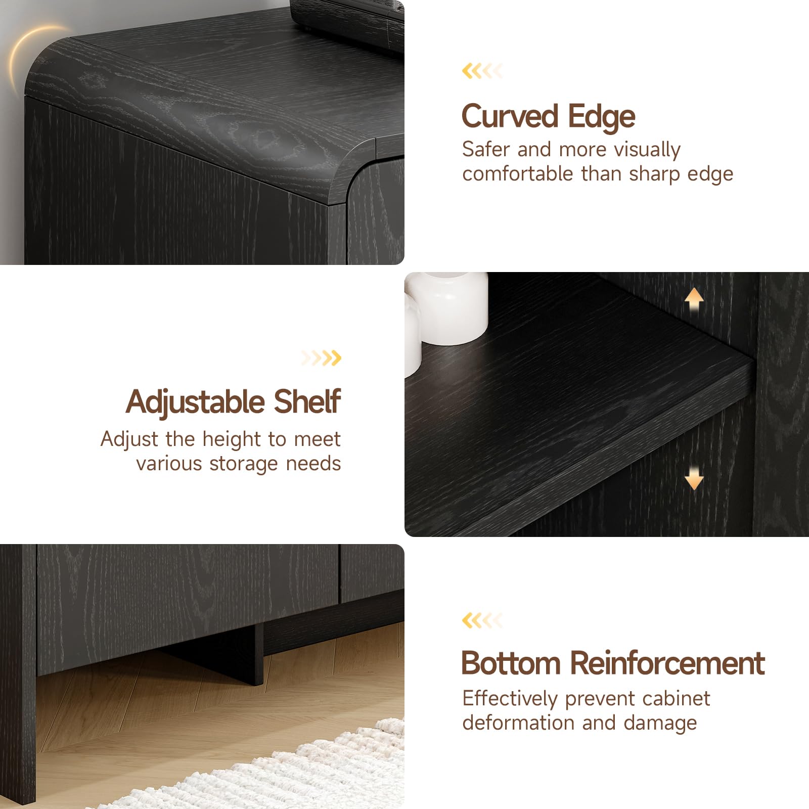 ONBRILL 60" Sideboard Buffet Cabinet with Storage, Curved Design Farmhouse Modern Coffee Bar Cabinet with 4 Doors & Adjustable Shelves for Living Room, Kitchen, Hallway, Black