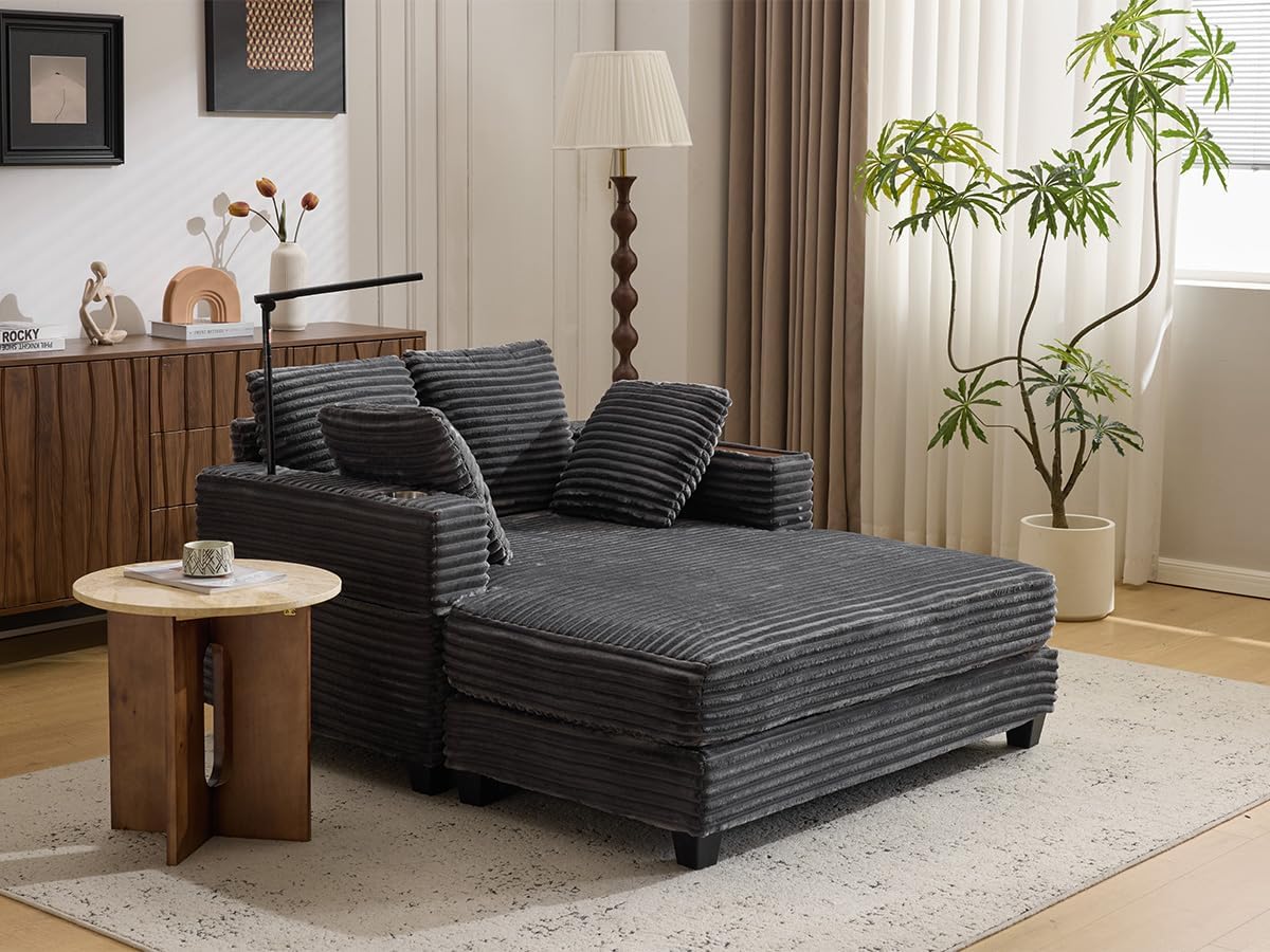 AEDI Oversized Chaise Lounge Chair with Reading Light & USB Charging,Sleeper Sofa with Cup Holder, Solid Wood Frame,for Living Room,Bedroom(Corduroy Grey)