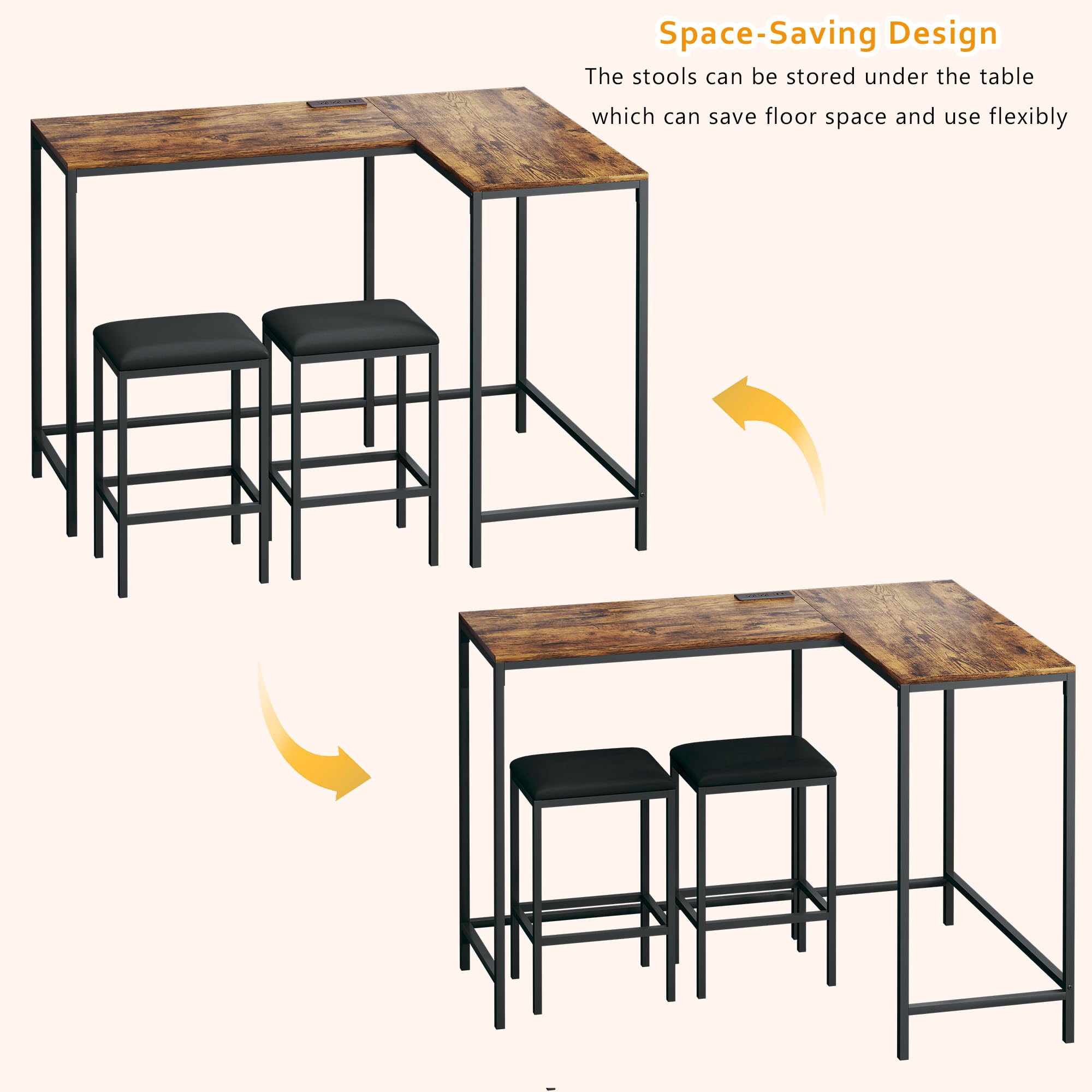 L Shaped Bar Table with Stools, 63‘’ Bar Height Table with Power Outlets, Convertible Corner Counter Height Bar Table with 2 Stools, Rectangular High Top Table for Small Spaces, Breakfast Nook, Rustic