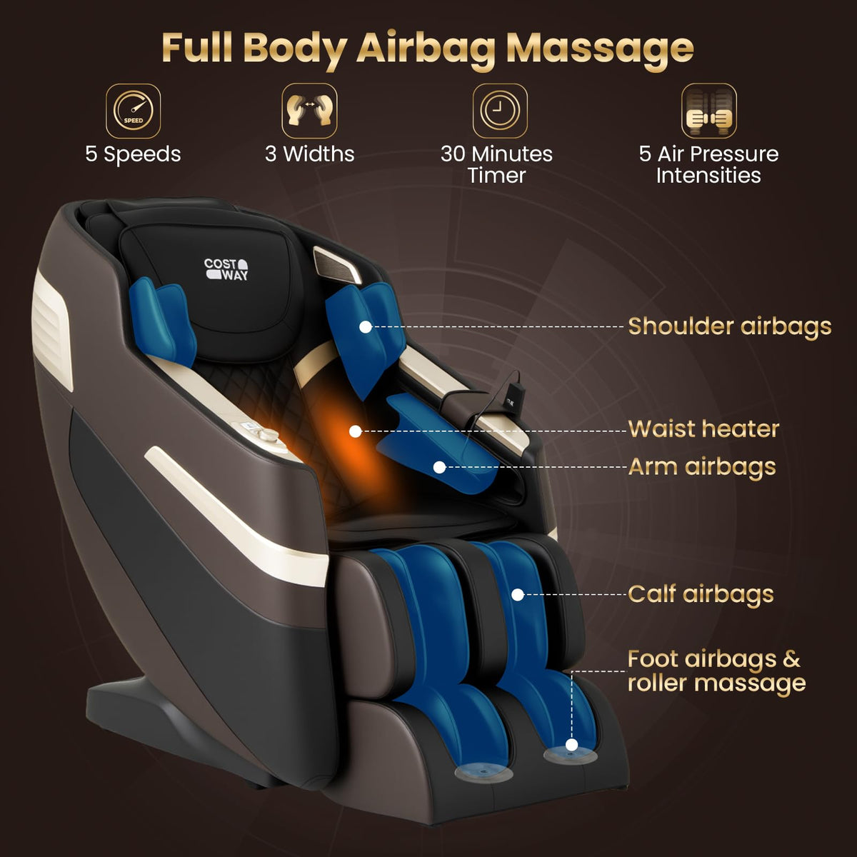COSTWAY Full Body Massage Chair, Dual SL Tracks Zero Gravity Massage Recliner with Airbags, Waist Heater, Foot Rollers, Voice Control, Auto Body Scan, Retractable Calf Frame, Installation-Free Design