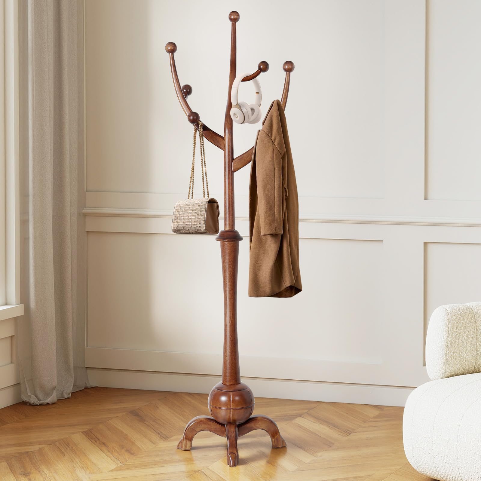 Freestanding Wooden Coat Rack with 8 Hooks