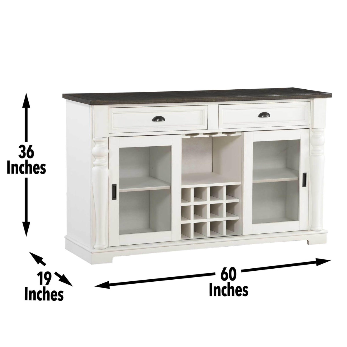 Steve Silver Furniture Joanna Two-Tone Server, Farmhouse Design, Sliding Glass Doors, Wine Rack, Bottle Storage Rack, Two Storage Shelves, Ktichen, 19" D x 60" W x 36.5" H, Ivory, White