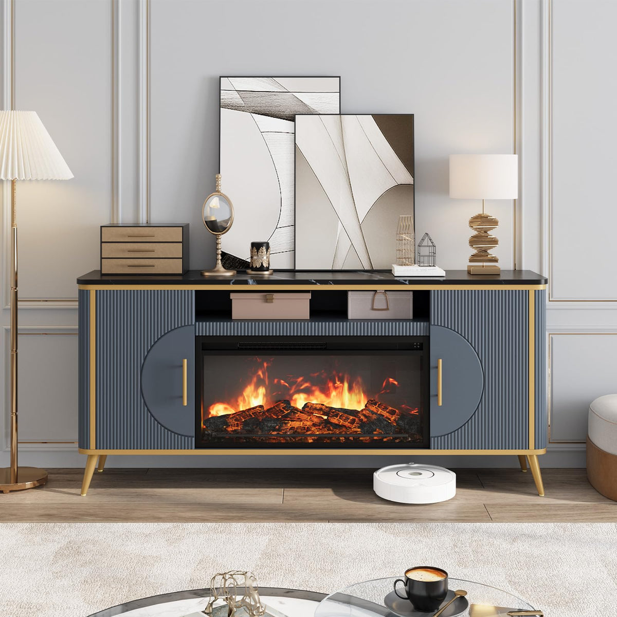 Fluted Fireplace TV Stand Up to 80" TVs, Modern Entertainment Center with 30" Electric Fireplace, Luxury Media Console with Adjustable Shelves for Living Room, Navy Blue