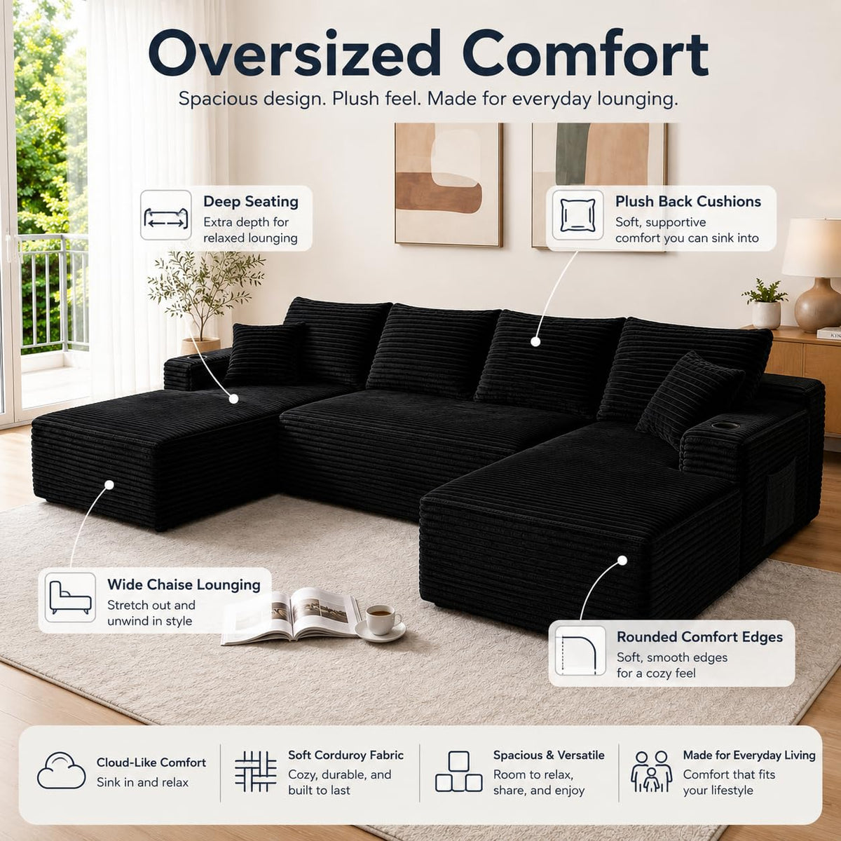 134" U-Shaped Boneless Couch,Modular Sectional Sofa with Foam Springs,Black