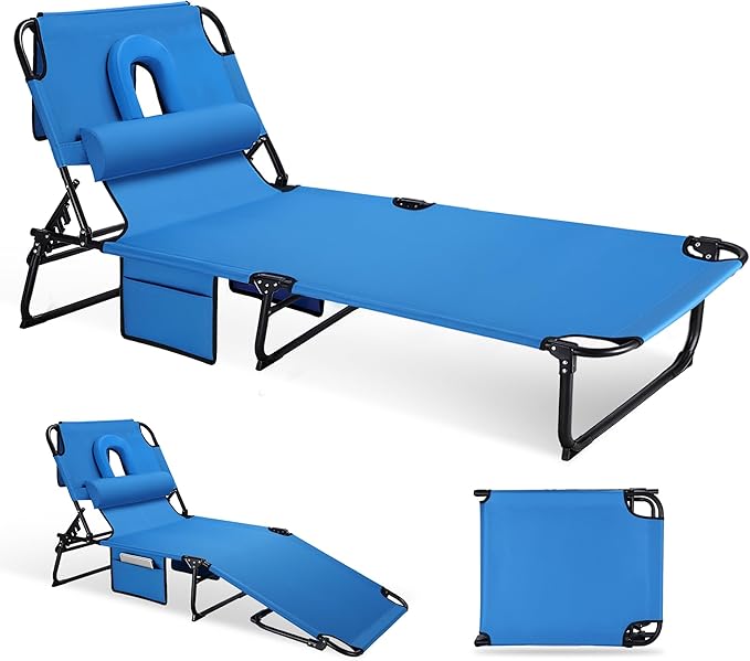 Folding Sun Tanning Lounge Chair with Face Hole, 5-Position Adjustable, 2 Side Pockets & Pillow