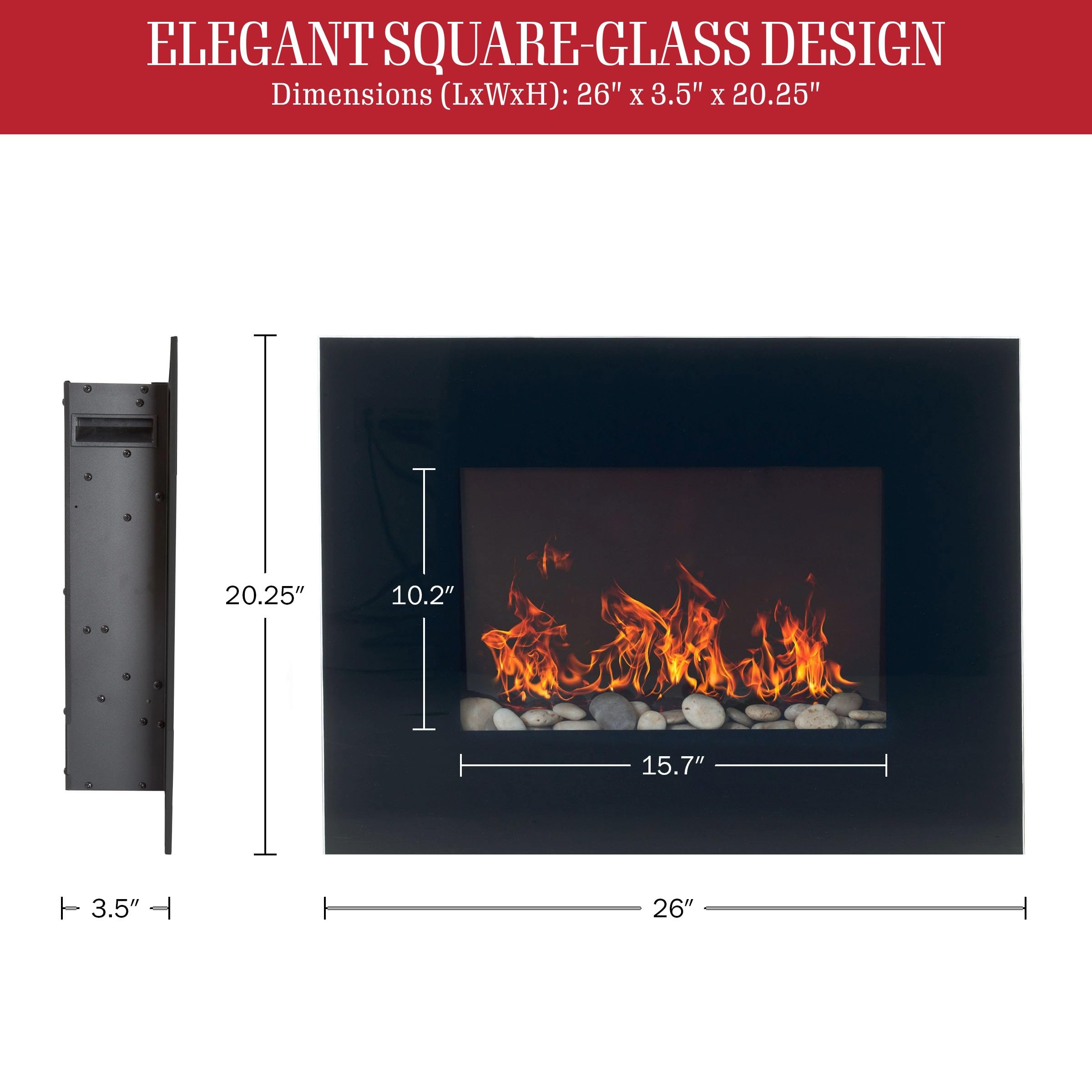 Wall-Mounted Electric Fireplace with Remote, 26-Inch