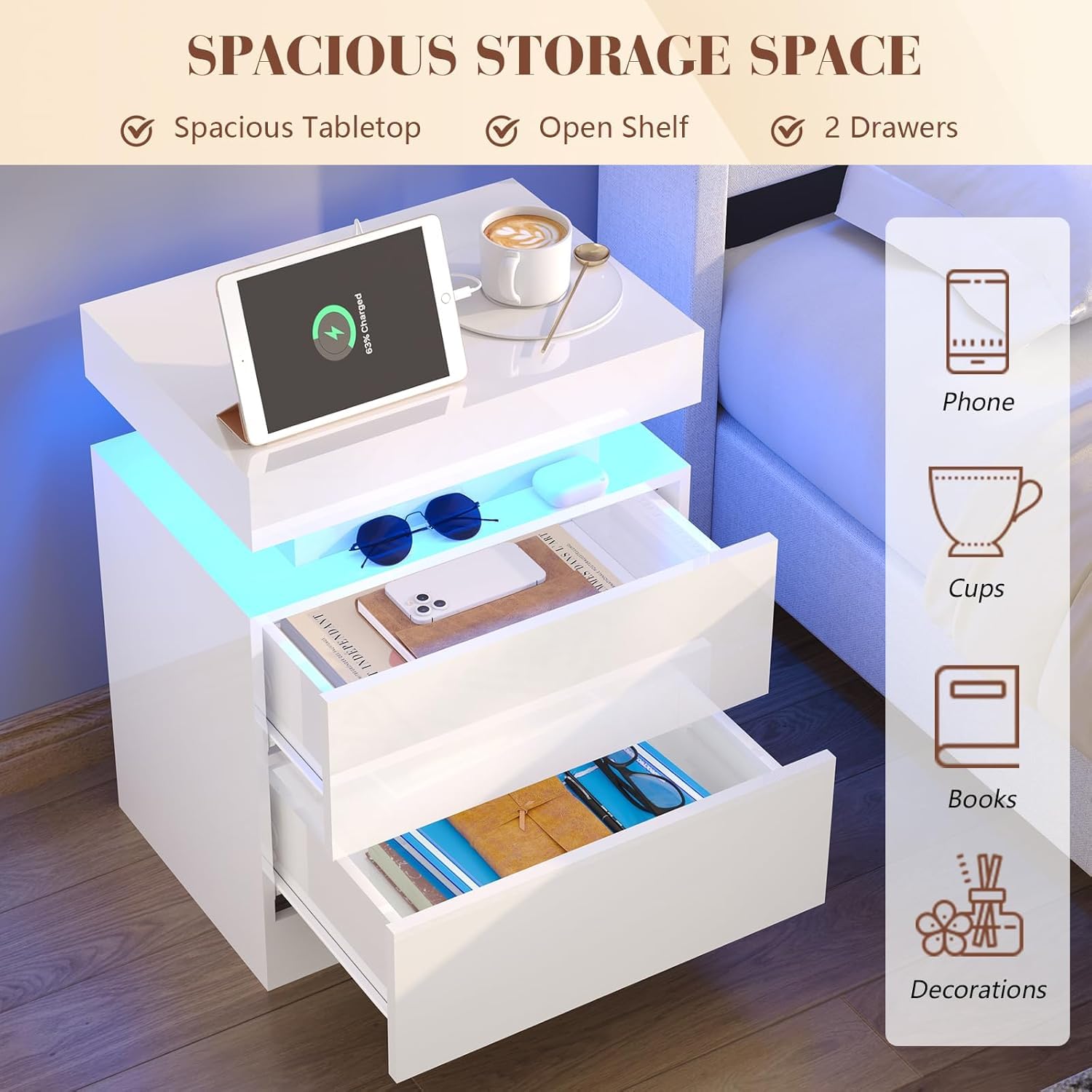 LUXOAK Nightstand Set of 2 with Charging Station and LED Light, Modern Side Table with 2 Drawers and Open Storage Shelf, End Table for Bedroom, White