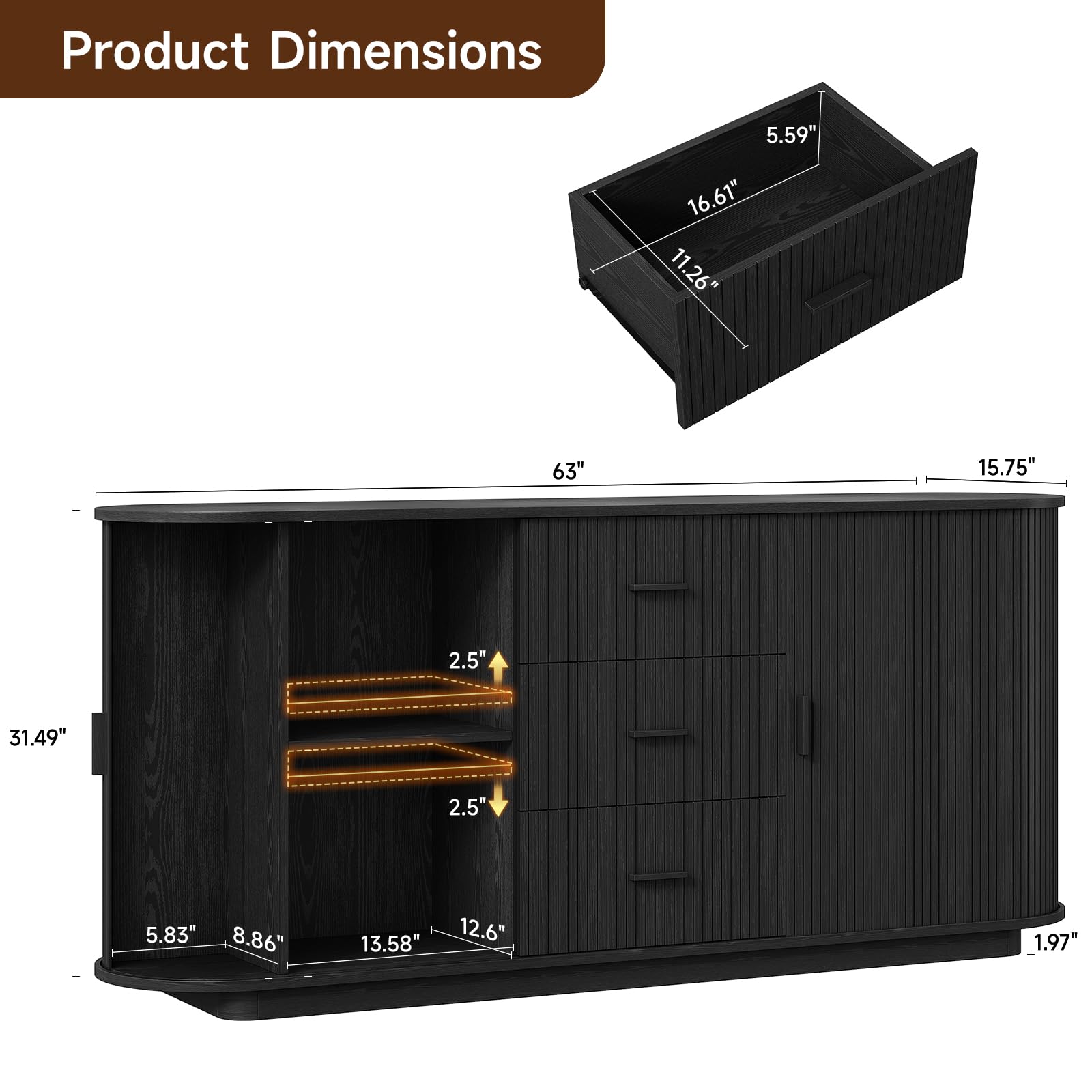 ONBRILL 63" Fluted Sideboard Buffet Cabinet with 3 Drawers & 2 Doors, Mid-Century Modern Buffet Sideboard Cabinet with Storage, Coffee Bar Table with Adjustable Shelf for Kitchen, Living Room, Black