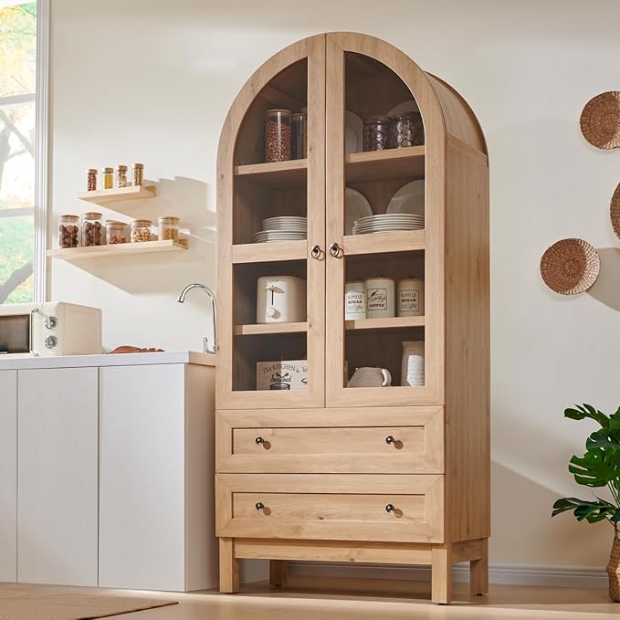 Tall Arched Kitchen Pantry Cabinet with Glass Doors