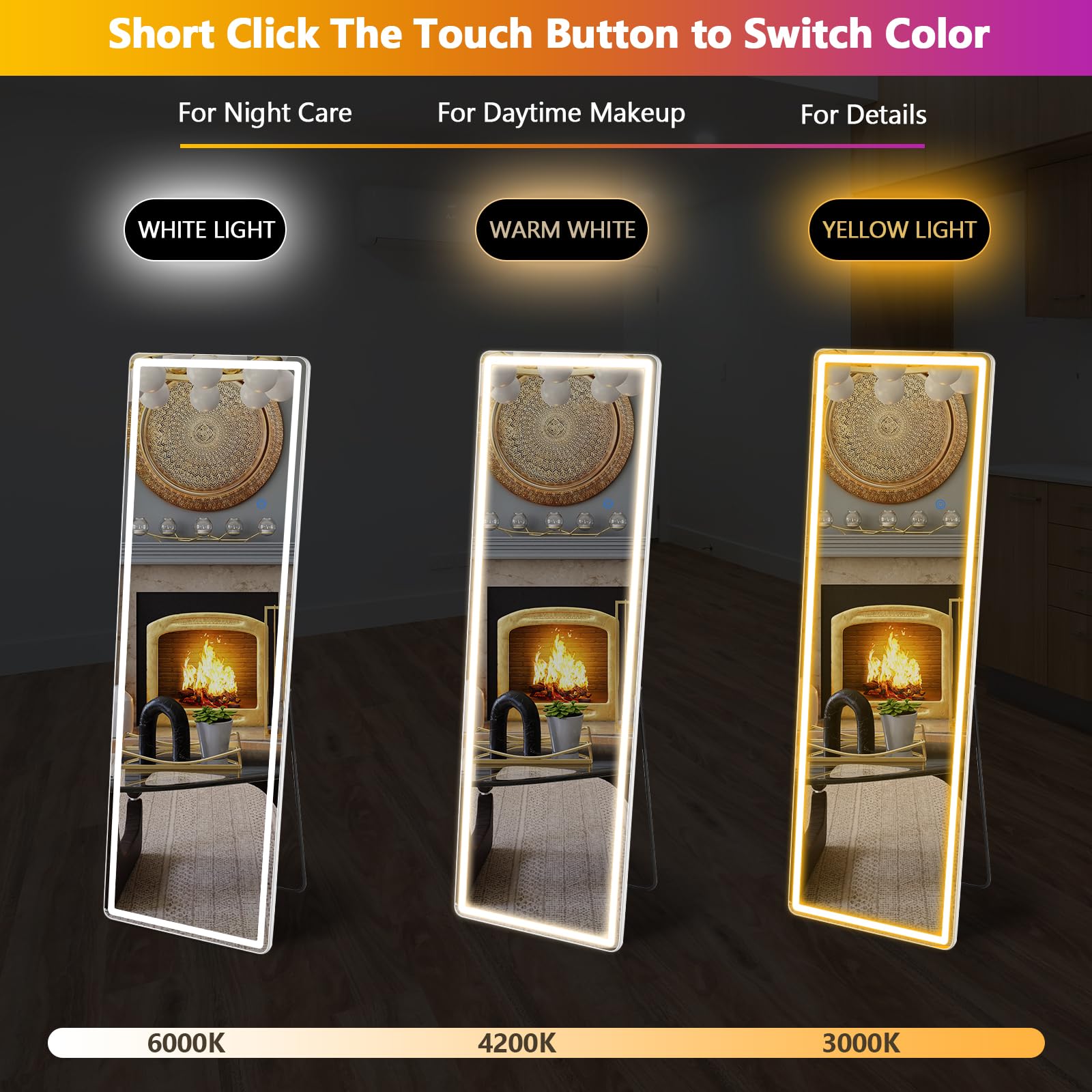 LED Full Length Floor Mirror with Dimming & 3-Color Lighting
