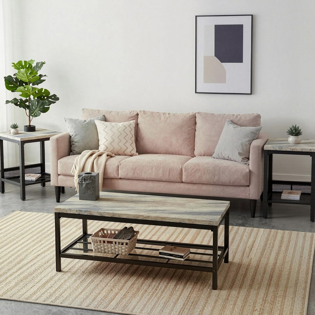 OFFWIN Coffee Table Set of 3,Industrial Coffee Table and 2 End Side Tables,Easy Assembly Coffee and End Tables Sets with Metal Legs, for Office, Living Room and Apartment (Grey)