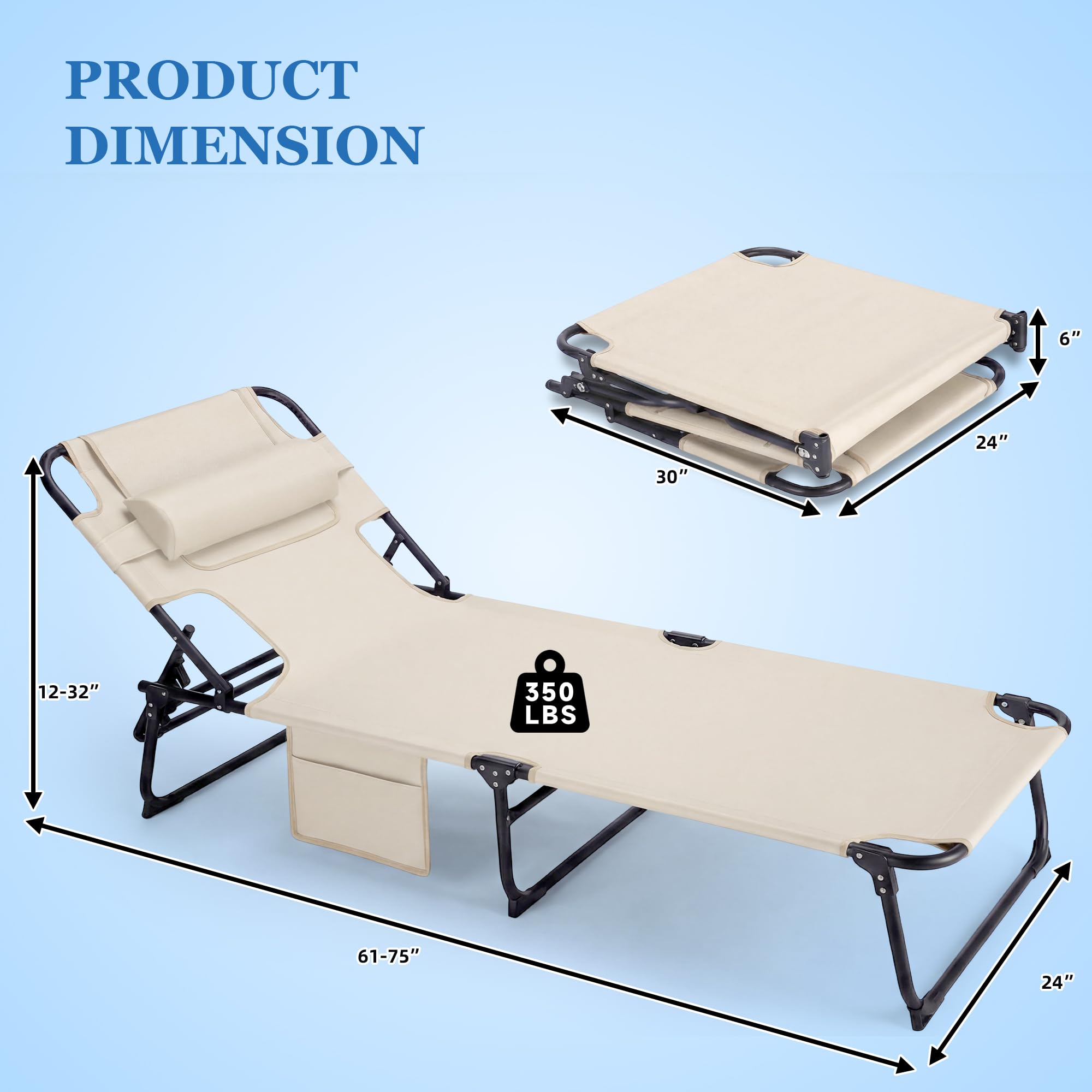 Folding Sun Tanning Lounge Chair with Face Hole, 5-Position Adjustable, 2 Side Pockets & Pillow