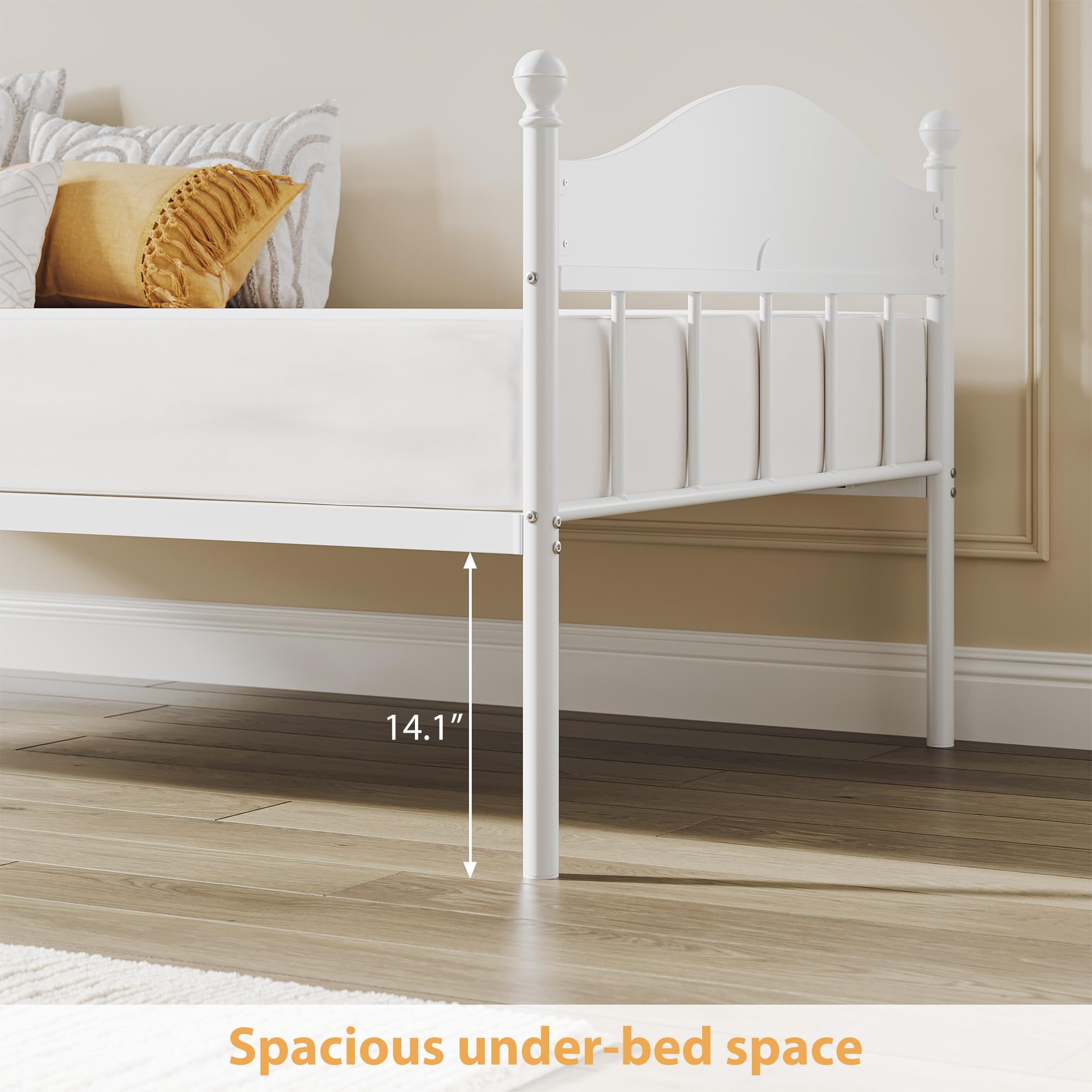 Garvee Twin Daybed, Metal Day Bed with Stylish Headboard, Heavy Duty Steel Slats Platform for Living Room, Under-Bed Storage Space, Bedroom and Guest Room, White